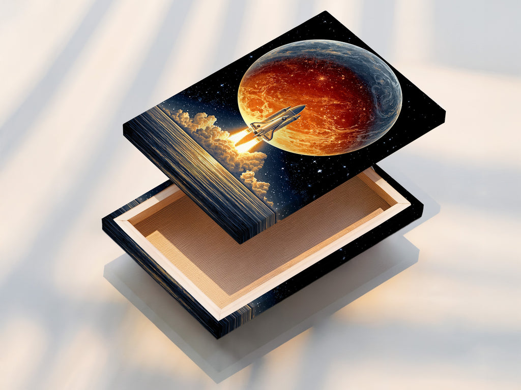 A stretched canvas print of a space shuttle launch is displayed. The planet Earth and rocket ship print create a captivating scene. This space canvas print is perfect for office wall decor. Ideal for adding a touch of astronomy art to any room.