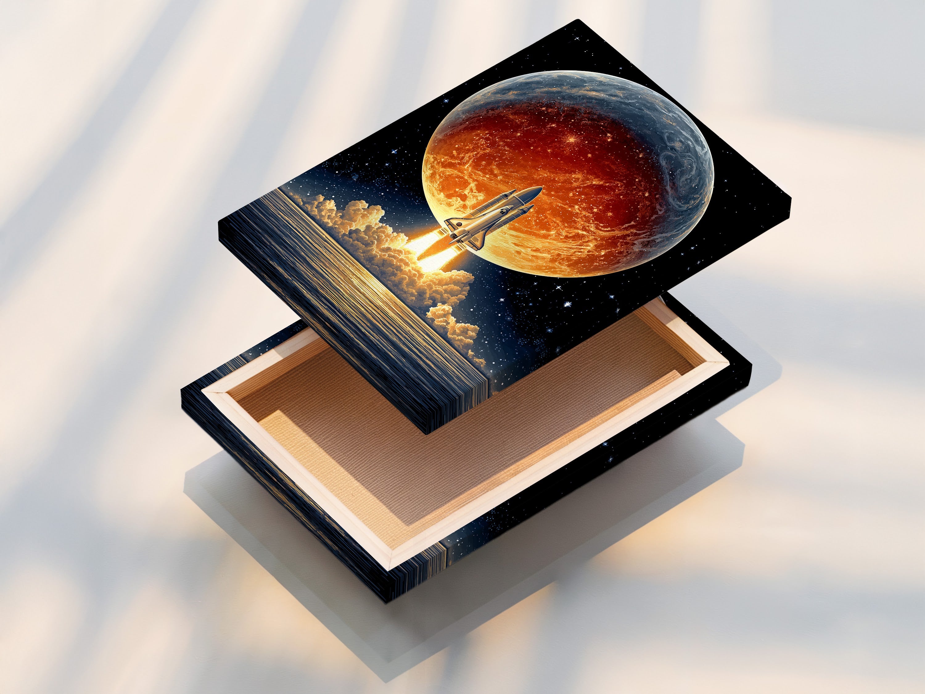 A stretched canvas print of a space shuttle launch is displayed. The planet Earth and rocket ship print create a captivating scene. This space canvas print is perfect for office wall decor. Ideal for adding a touch of astronomy art to any room.