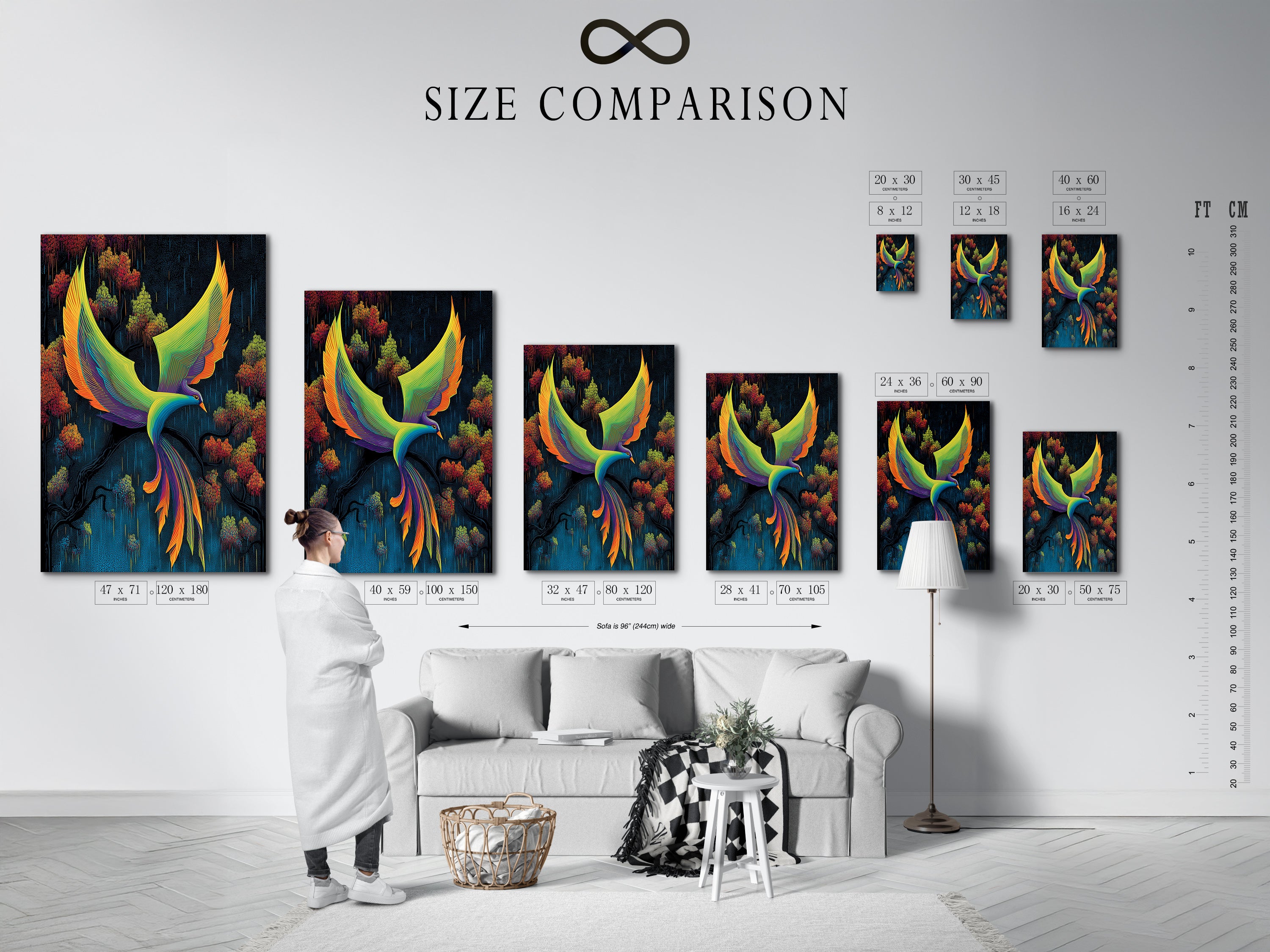 A size comparison chart in an interior setting. Chart displays various sizes of the Phoenix Bird artwork. Options include canvas prints and framed art. This abstract teal and orange art is perfect for any room. See what size fits your space.