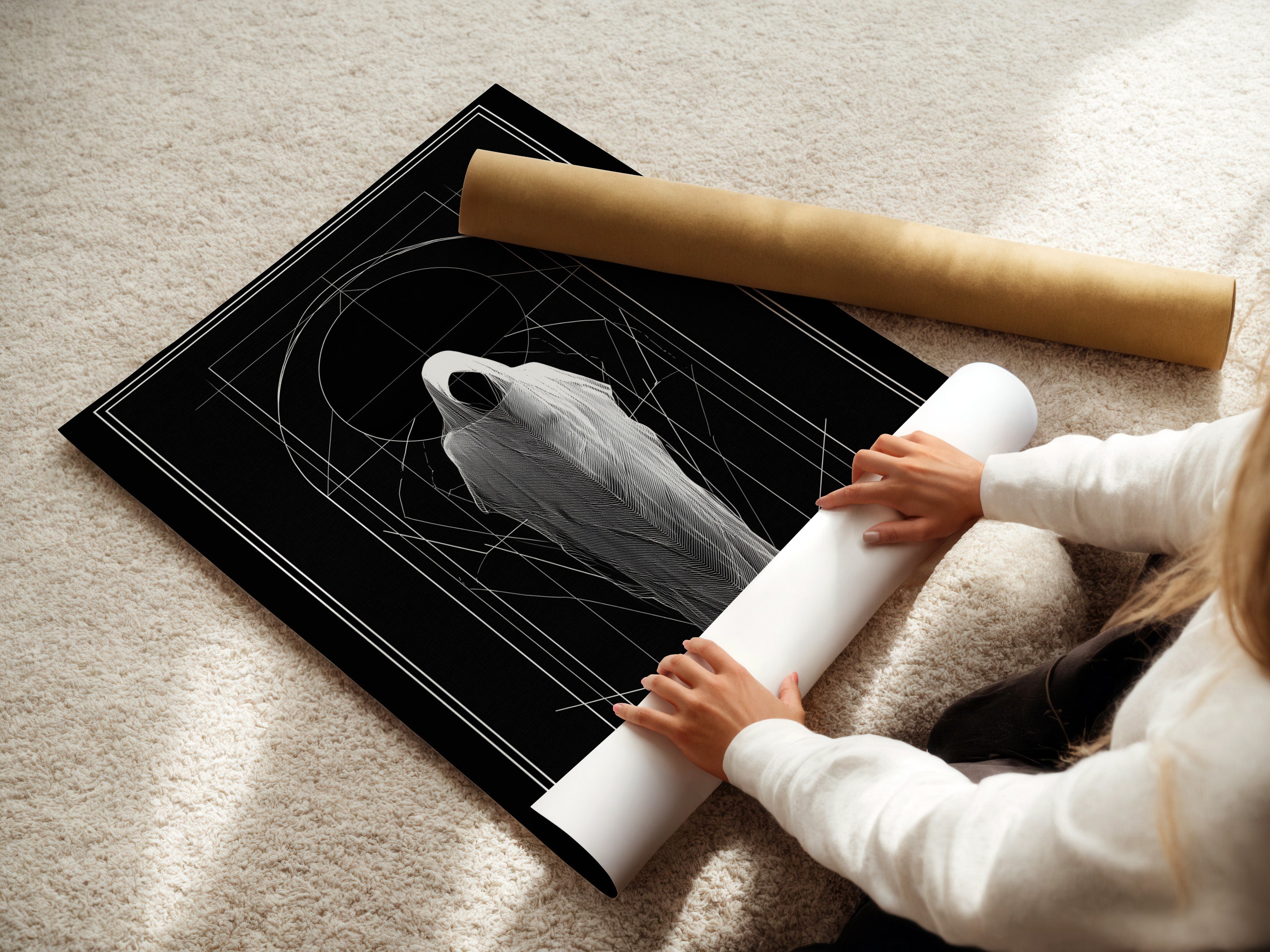 A woman is rolling a fine art poster paper. The paper features an artwork. The art features a figure in a shroud. Geometric lines accent the piece. Fine art posters add a unique touch. Frame options available. Decorate your walls with beautiful art.