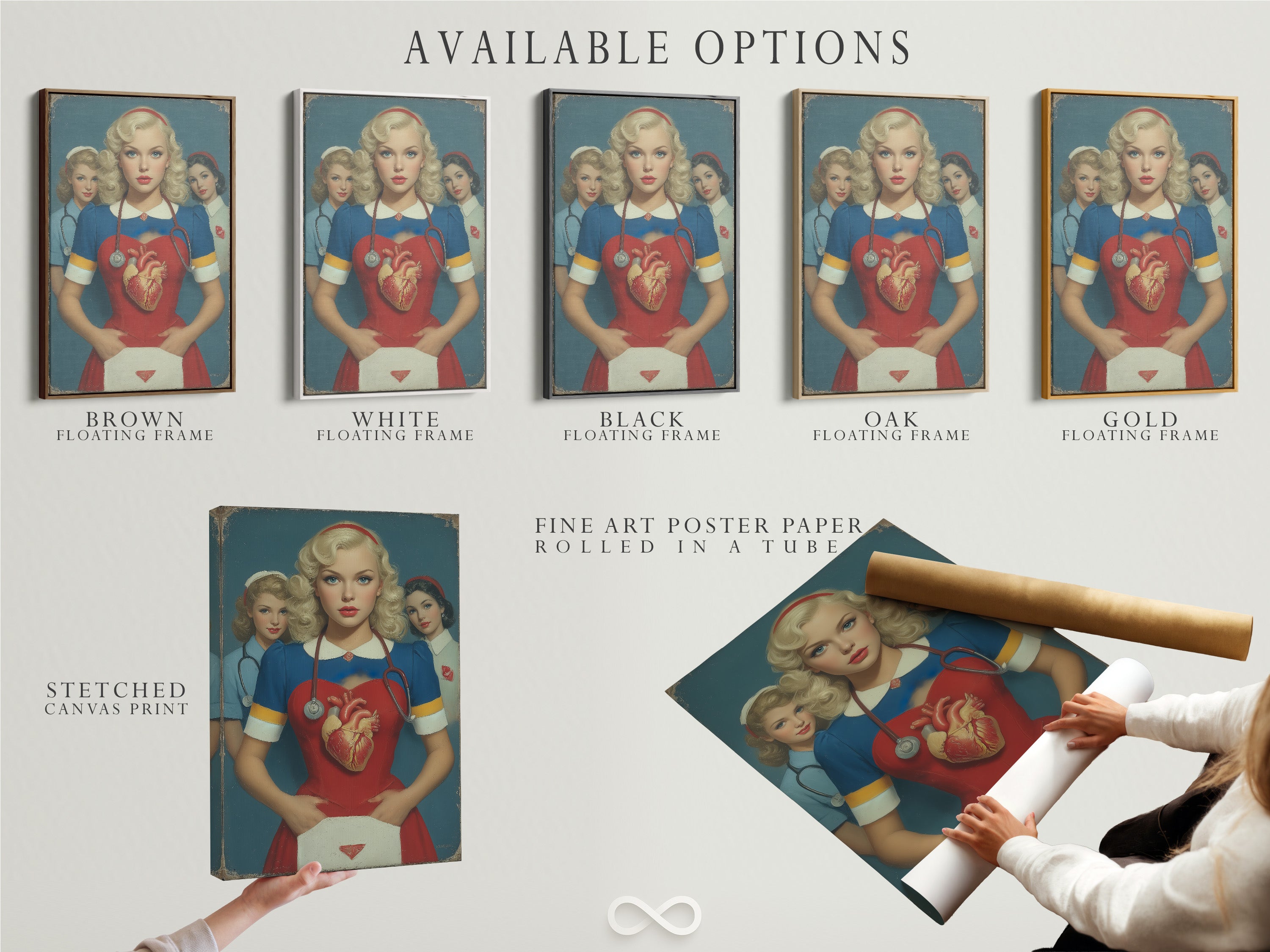 Available options include stretched canvas print fine art poster paper and floating frame. Choose the perfect format for your vintage nurse artwork. Customize your healthcare decor with these stylish options. Make it yours.