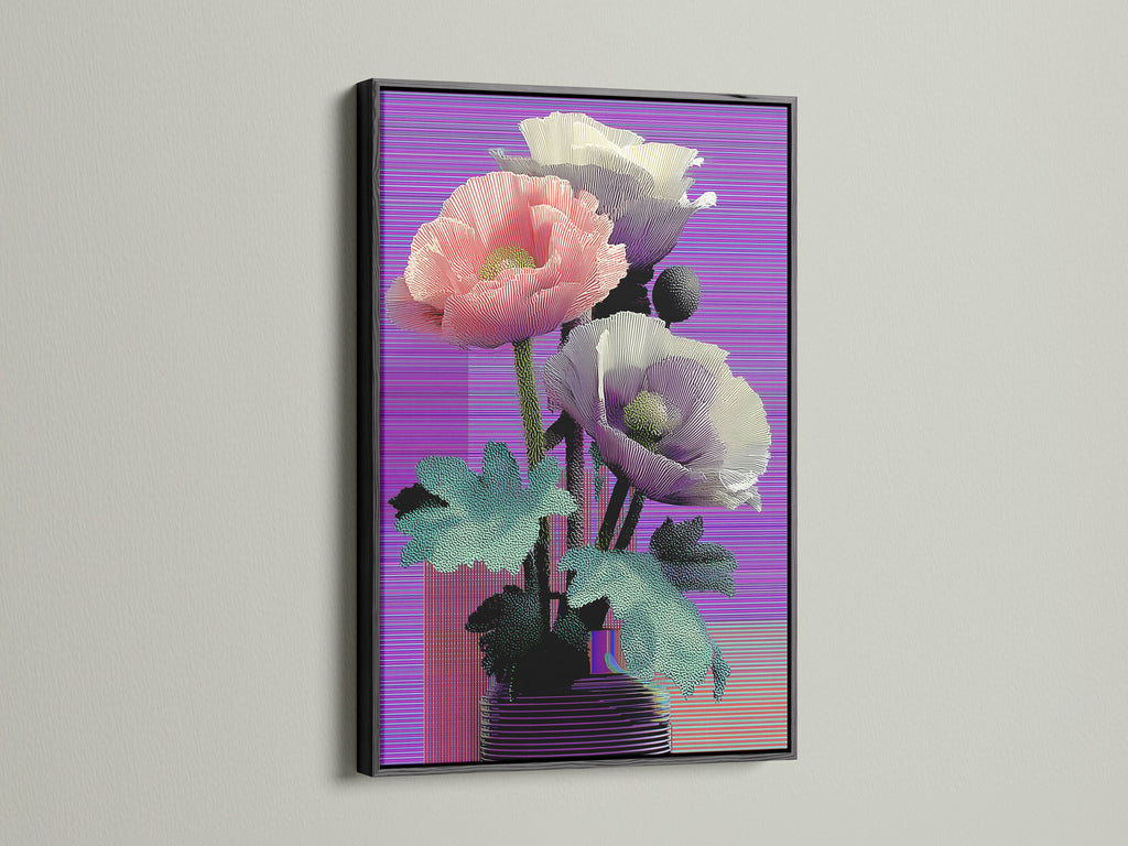 Vaporwave poppy art print in a black frame. The retro botanical art has a glitch aesthetic. The purple wall decor adds a modern touch to your bedroom. The black frame makes the colors pop. This artwork is a great conversation starter.