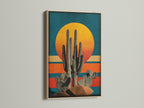 This oak frame enhances the retro boho artwork. The desert cactus wall art brings a touch of the Southwest to your living room. It is ideal for creating a cozy bedroom wall decor. Discover the beauty of the desert sunset.