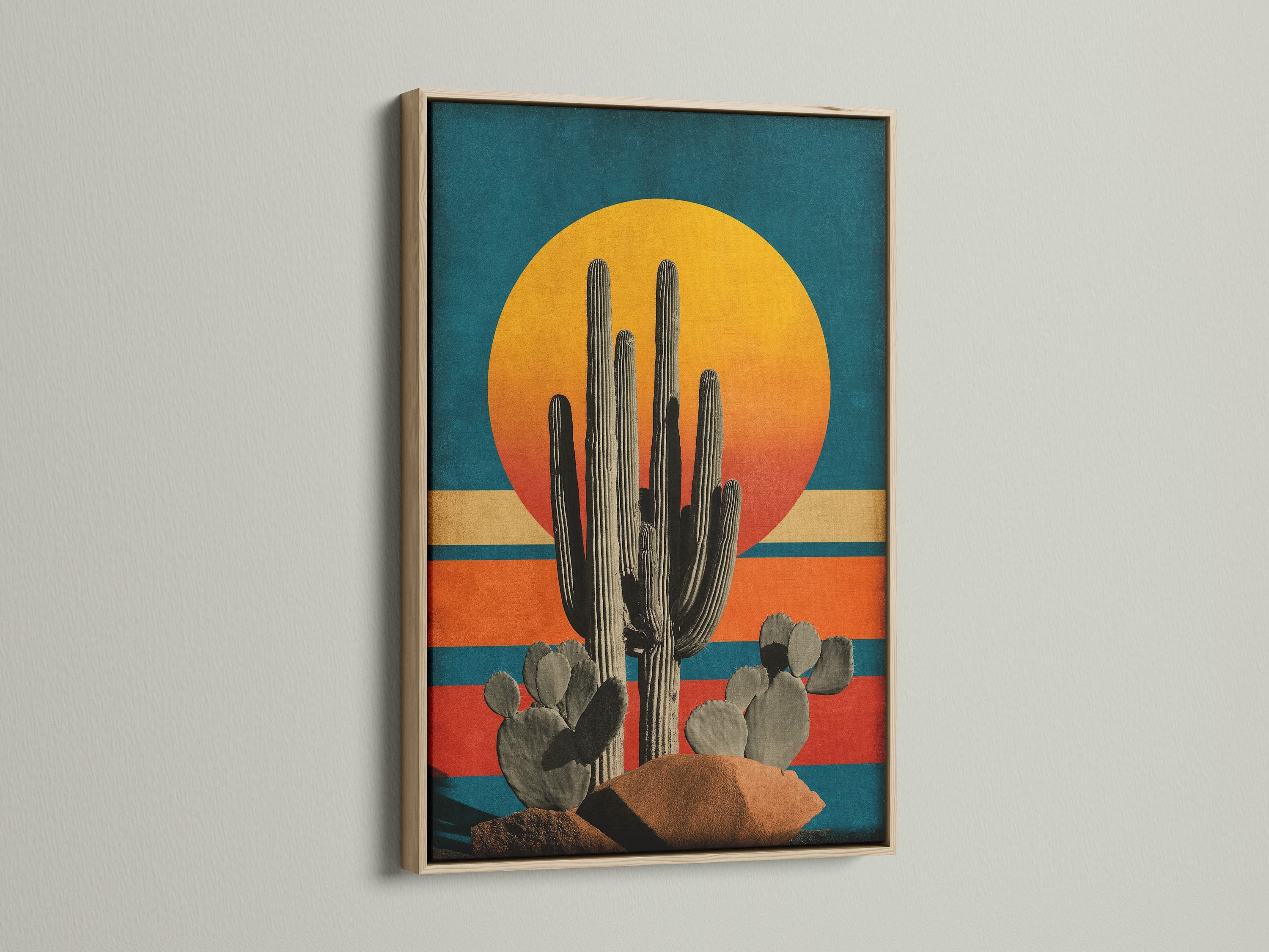 This oak frame enhances the retro boho artwork. The desert cactus wall art brings a touch of the Southwest to your living room. It is ideal for creating a cozy bedroom wall decor. Discover the beauty of the desert sunset.