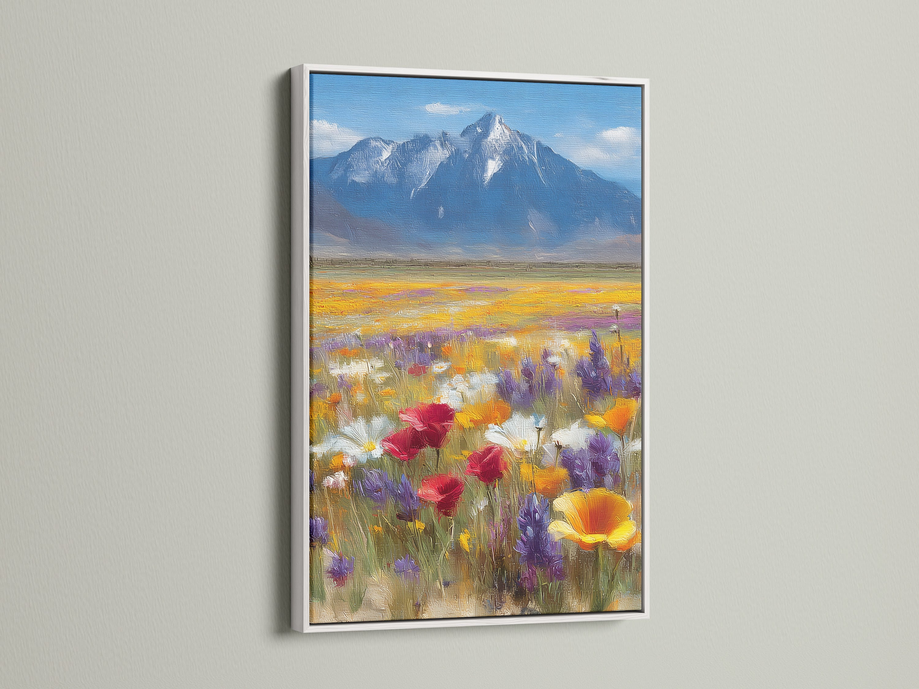Wildflower artwork displayed in a white frame. The poppy field art enhances the room's aesthetic. The white frame offers a clean modern look. The colorful nature art complements contemporary interiors. Perfect for adding a fresh botanical touch to your living space. Explore our meadow wall art collection today.