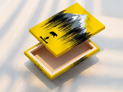 A stretched canvas print of the Mountain Bear artwork. The colors pop and the details are crisp. This yellow landscape wall art is ready to hang. A perfect addition to any cabin or home. Enjoy beautiful art.