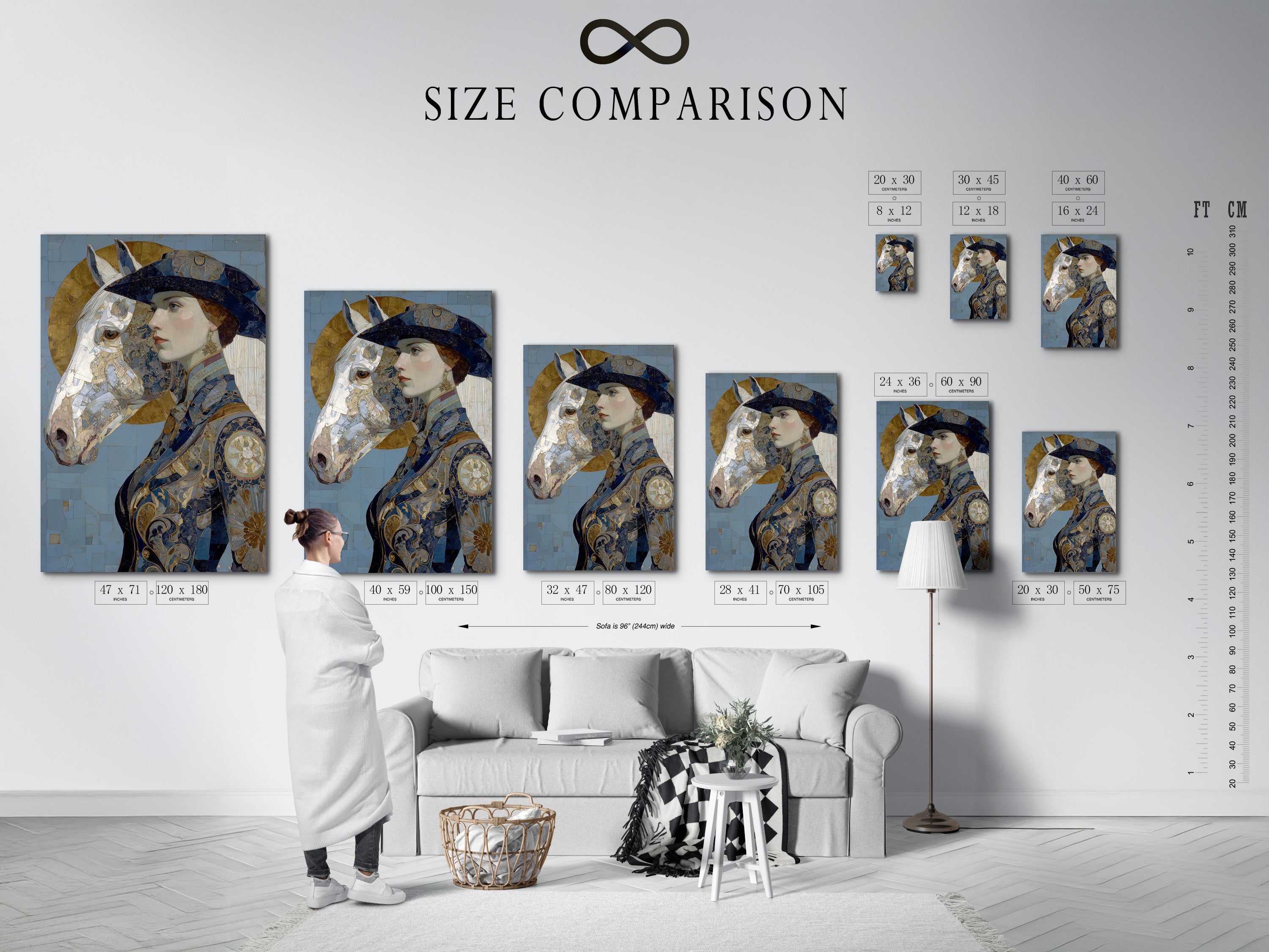 A size comparison chart is displayed in an interior setting. It shows various sizes of the Art Nouveau Woman artwork. The artwork features a vintage portrait of a woman and horse in blue and gold. Choose the perfect size to complement your space. Transform your walls with this beautiful art piece.