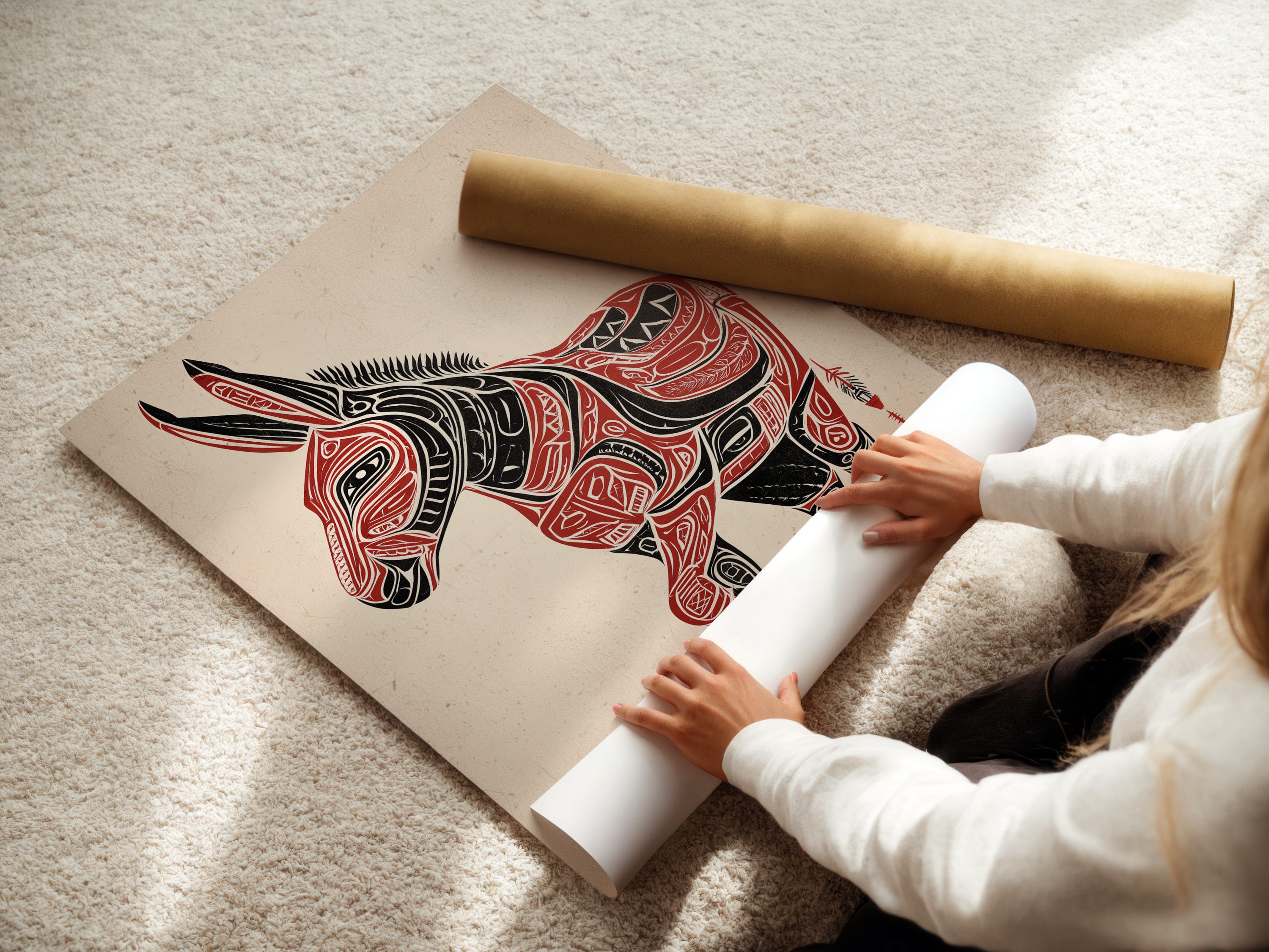 A woman rolls a fine art poster paper. The Tribal Donkey artwork is being prepared. This ensures high-quality prints. The native american art will be preserved. Perfect for those who appreciate southwestern decor. The tribal animal art is ready for framing or display. This folk art print is carefully handled.