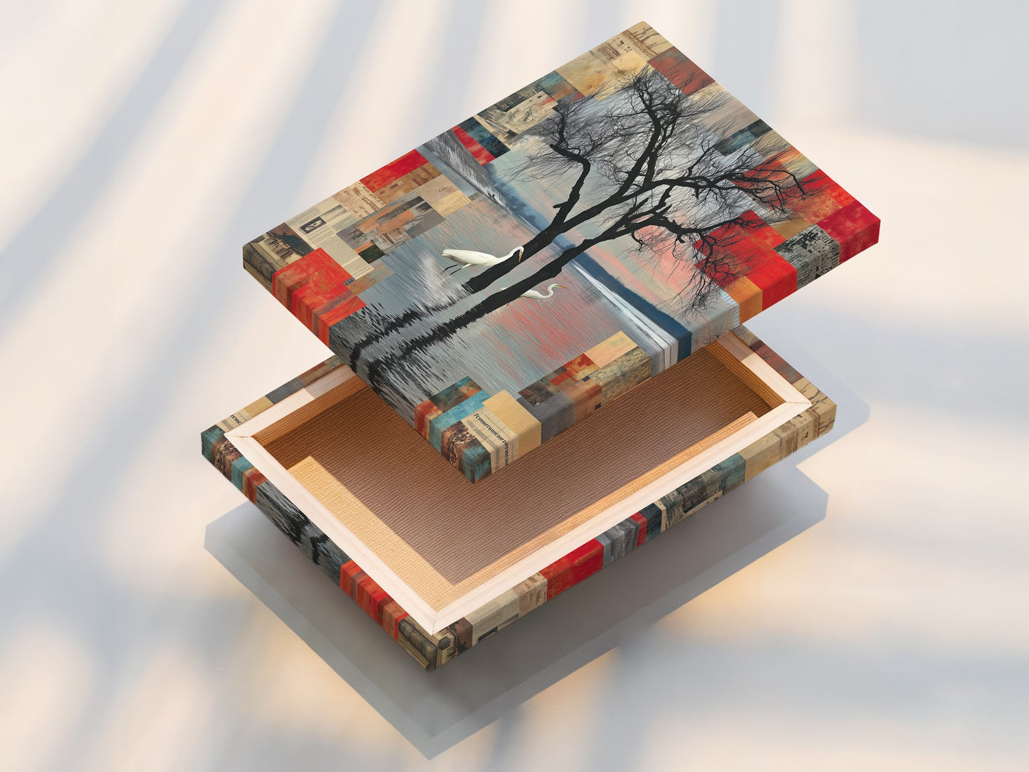 A stretched canvas print of Crane Bird Abstract Lake art. The modern nature artwork is ready to hang. It adds an elegant touch to any wall. Perfect for living rooms bedrooms offices studios lobbies clinics cafés and boardrooms.