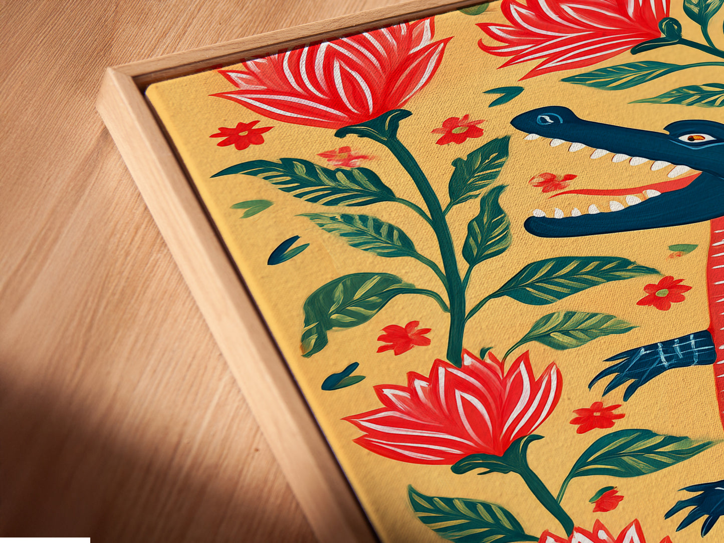 Close-up of a canvas print featuring an alligator in a floating frame. The alligator is surrounded by botanical art. The floating frame enhances the artwork's depth. This is a modern and stylish way to display art.