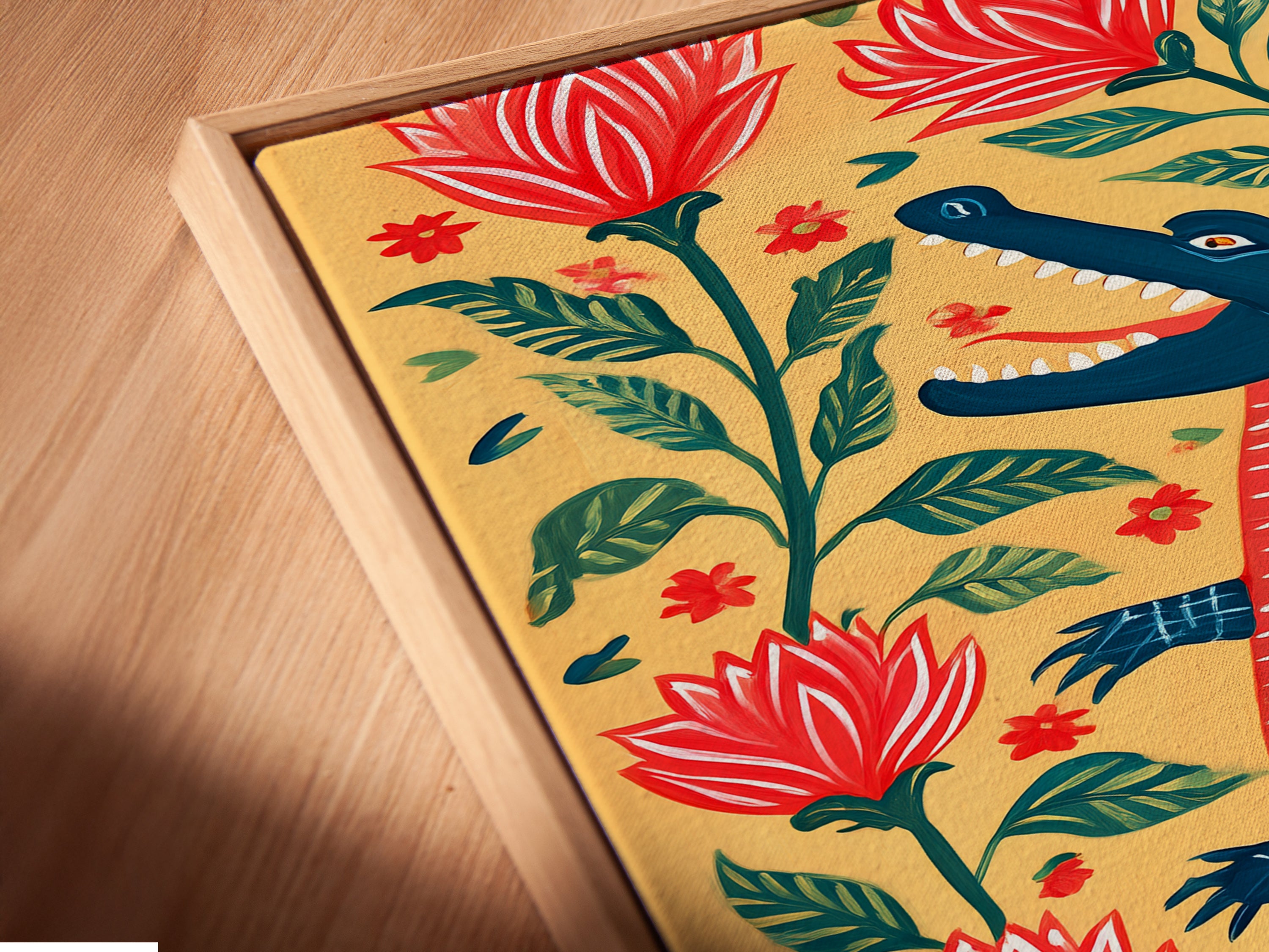 Close-up of a canvas print featuring an alligator in a floating frame. The alligator is surrounded by botanical art. The floating frame enhances the artwork's depth. This is a modern and stylish way to display art.