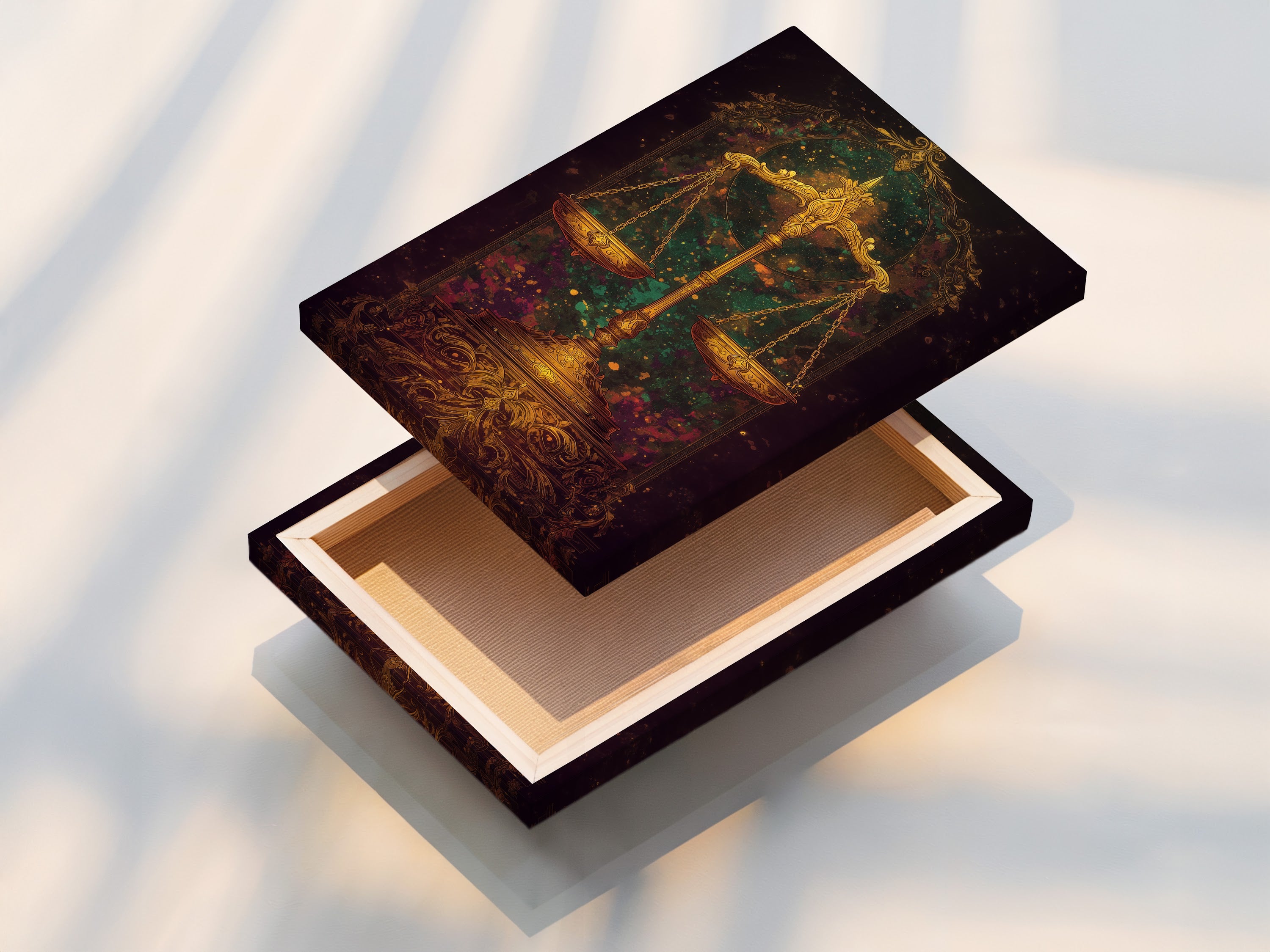 A stretched canvas print displays the Justice Scales artwork. This piece is ready to hang in your law office. The golden scales print adds vintage decor to any room. This cosmic wall art enhances studies clinics and boardrooms.