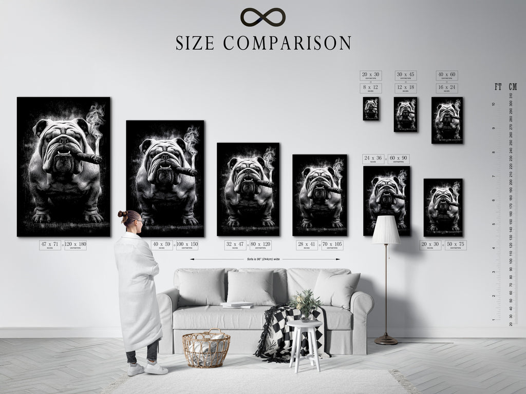 Size comparison chart in interior featuring the bulldog smoking art. Visualize the perfect size for your space. Choose the ideal dimensions to enhance your wall decor. This chart helps you find the right fit for your room.
