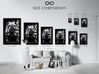 Size comparison chart in interior featuring the bulldog smoking art. Visualize the perfect size for your space. Choose the ideal dimensions to enhance your wall decor. This chart helps you find the right fit for your room.