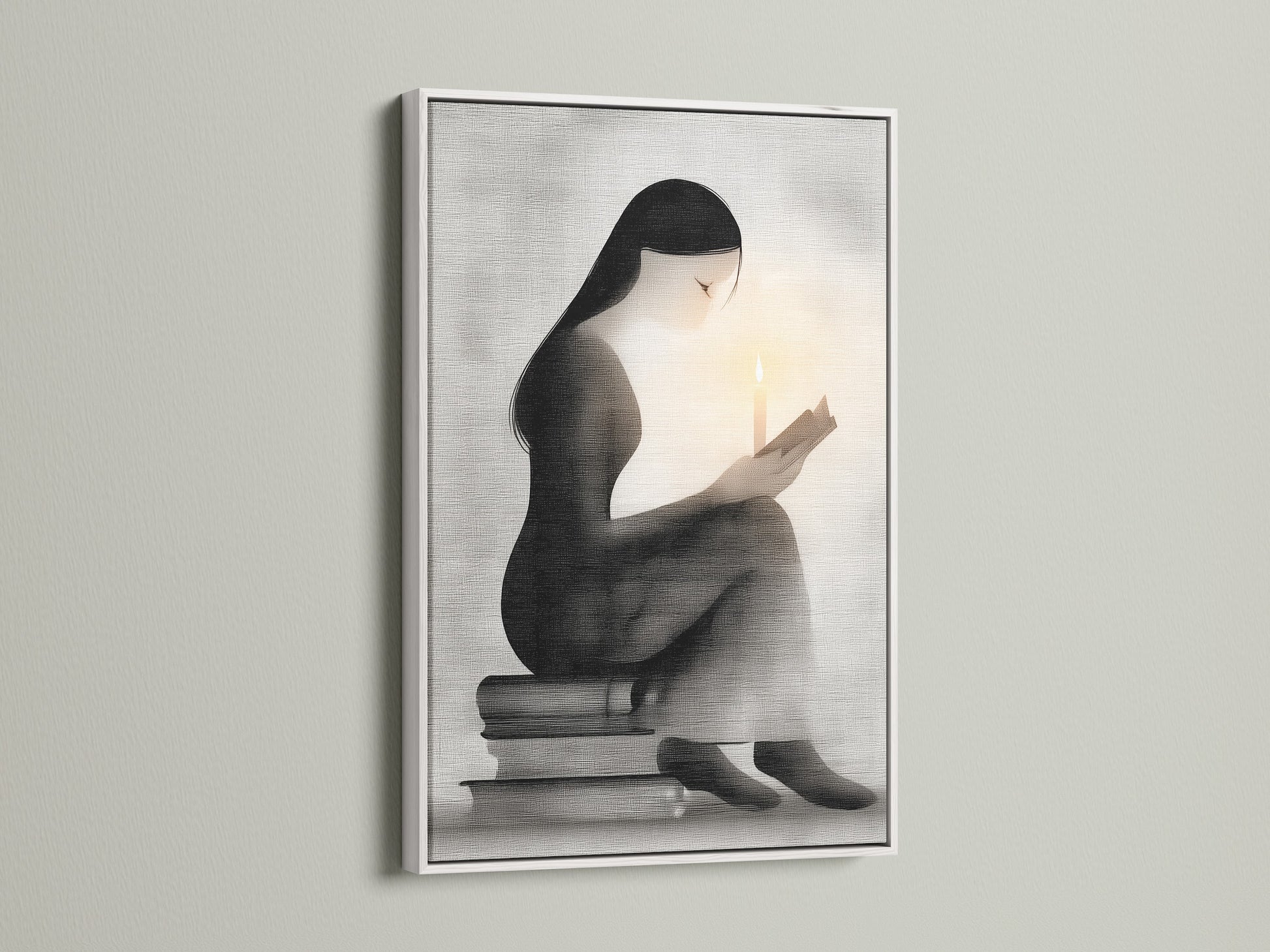 Minimalist woman reading artwork in a white frame. The monochrome art is great for bedroom wall decor. A quiet time art piece that enhances any space. A refined piece of art for minimalist styles.