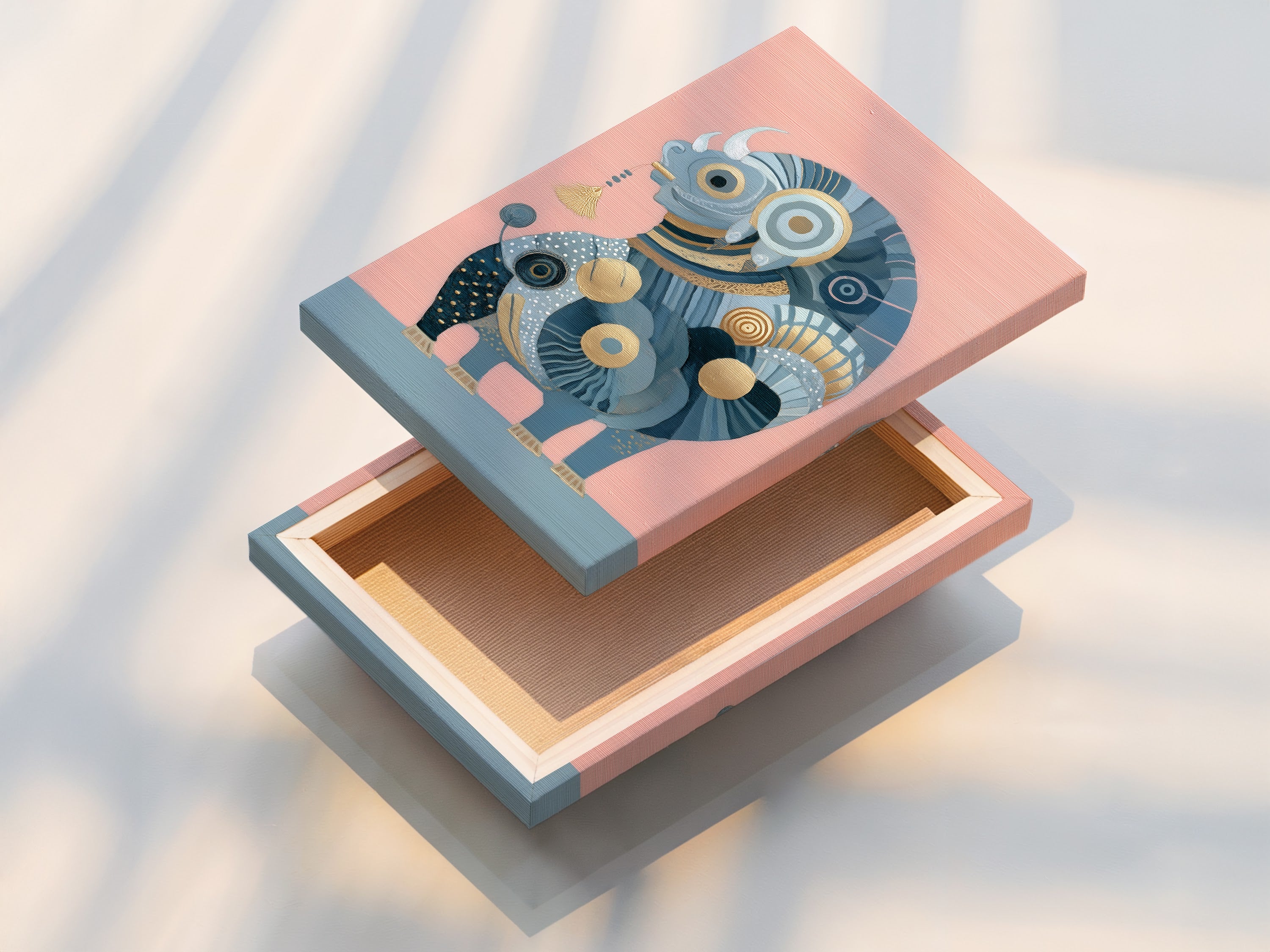 A stretched canvas print of the Abstract Bull. This blue and gold artwork is ready to hang. The canvas print offers a gallery-wrapped look. Transform your home with this modern art piece. This animal artwork adds a touch of sophistication.