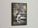 A black frame showcases this waterfall canvas print. The urban nature wall art adds a touch of elegance. This zen garden artwork is perfect for a meditation space. The black and gold color scheme creates a modern look. Elevate your decor with this tranquil artwork.