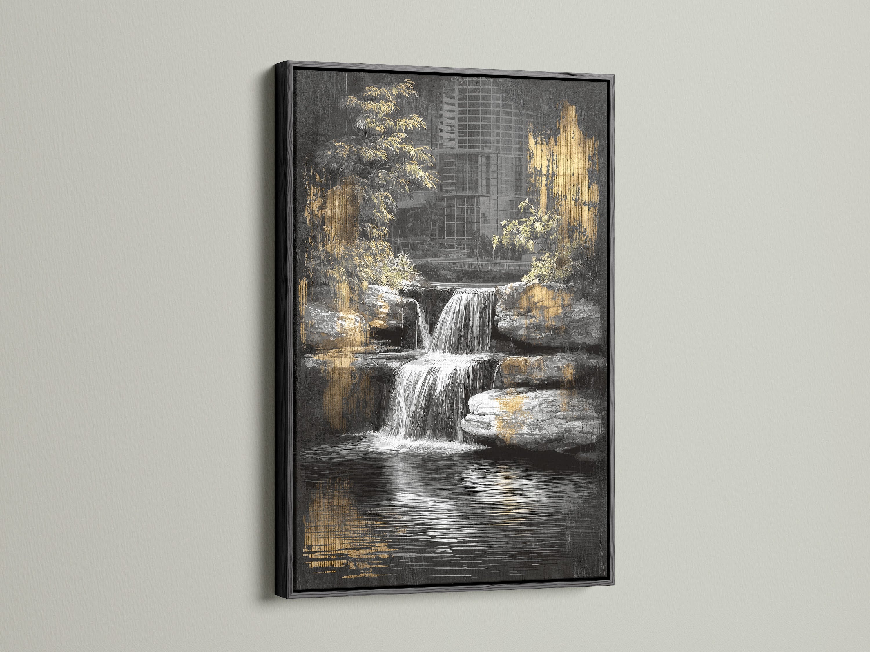 A black frame showcases this waterfall canvas print. The urban nature wall art adds a touch of elegance. This zen garden artwork is perfect for a meditation space. The black and gold color scheme creates a modern look. Elevate your decor with this tranquil artwork.
