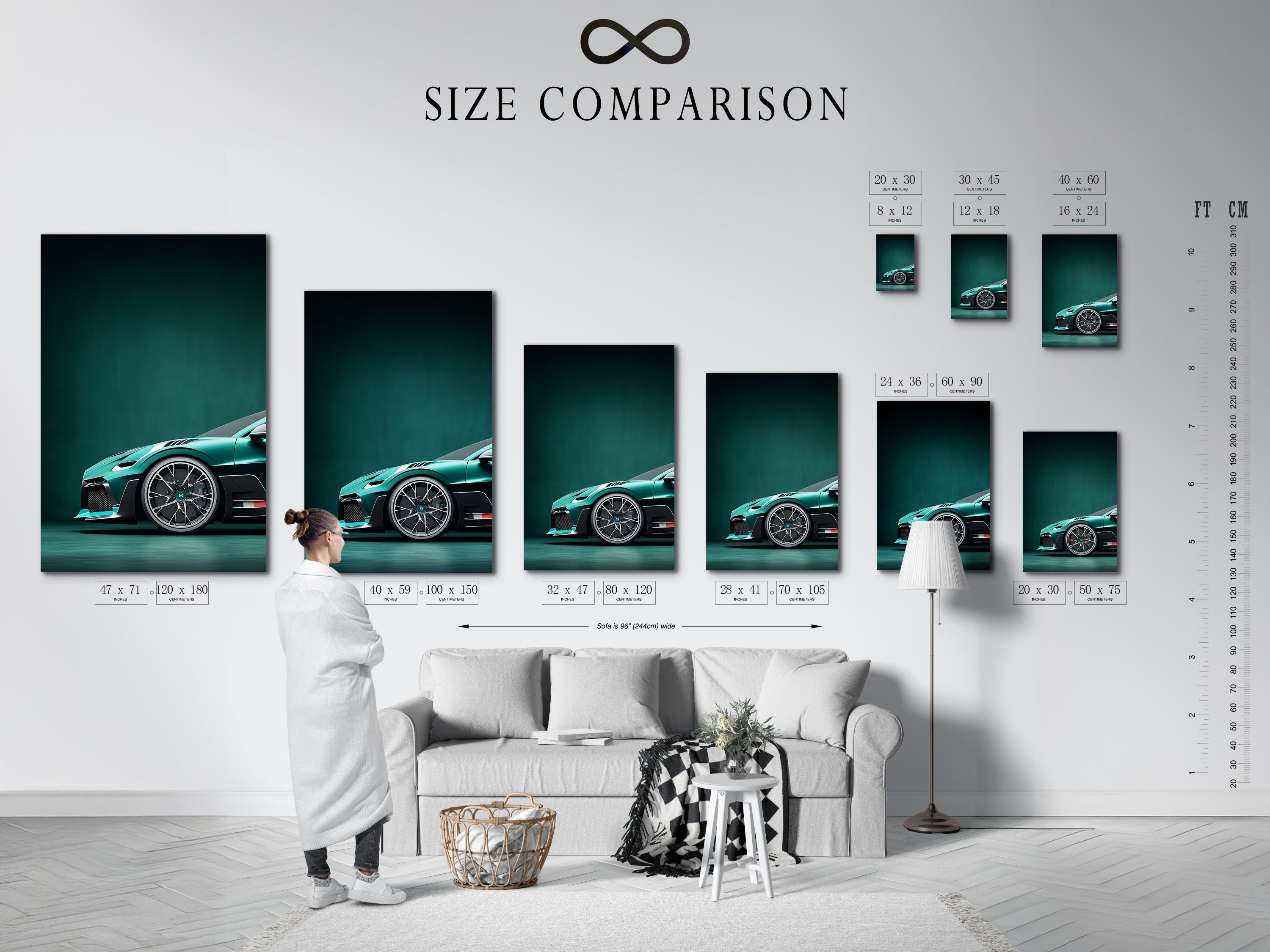 Reference the size comparison chart. This chart shows how the art will look in your interior. A modern teal sports car is featured. Perfect for home or office.