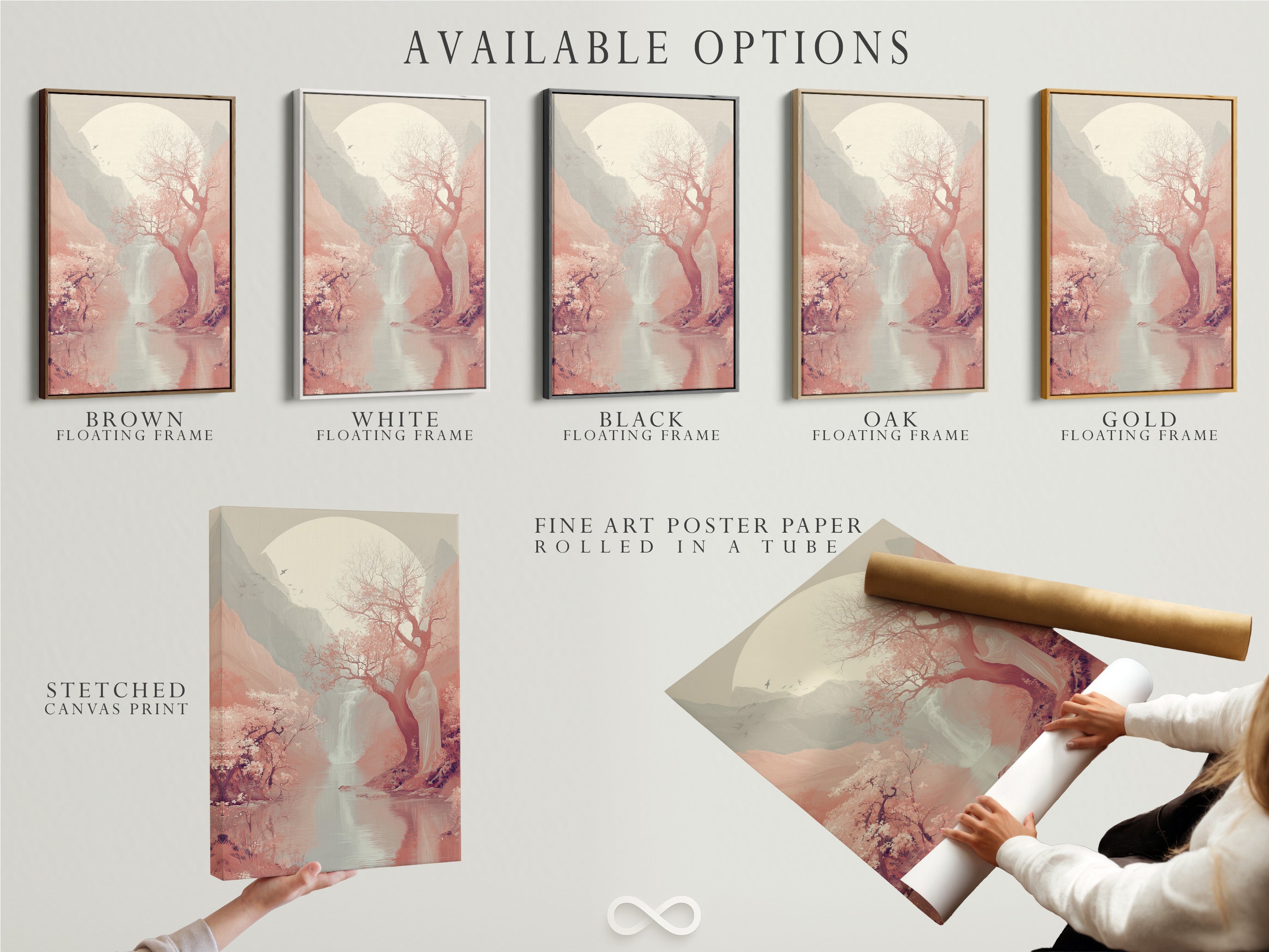 Available options include stretched canvas print fine art poster paper and floating frame. The Cherry Blossom Landscape Artwork is versatile. Japanese Moon Wall Art enhances any space. Perfect for zen decor.