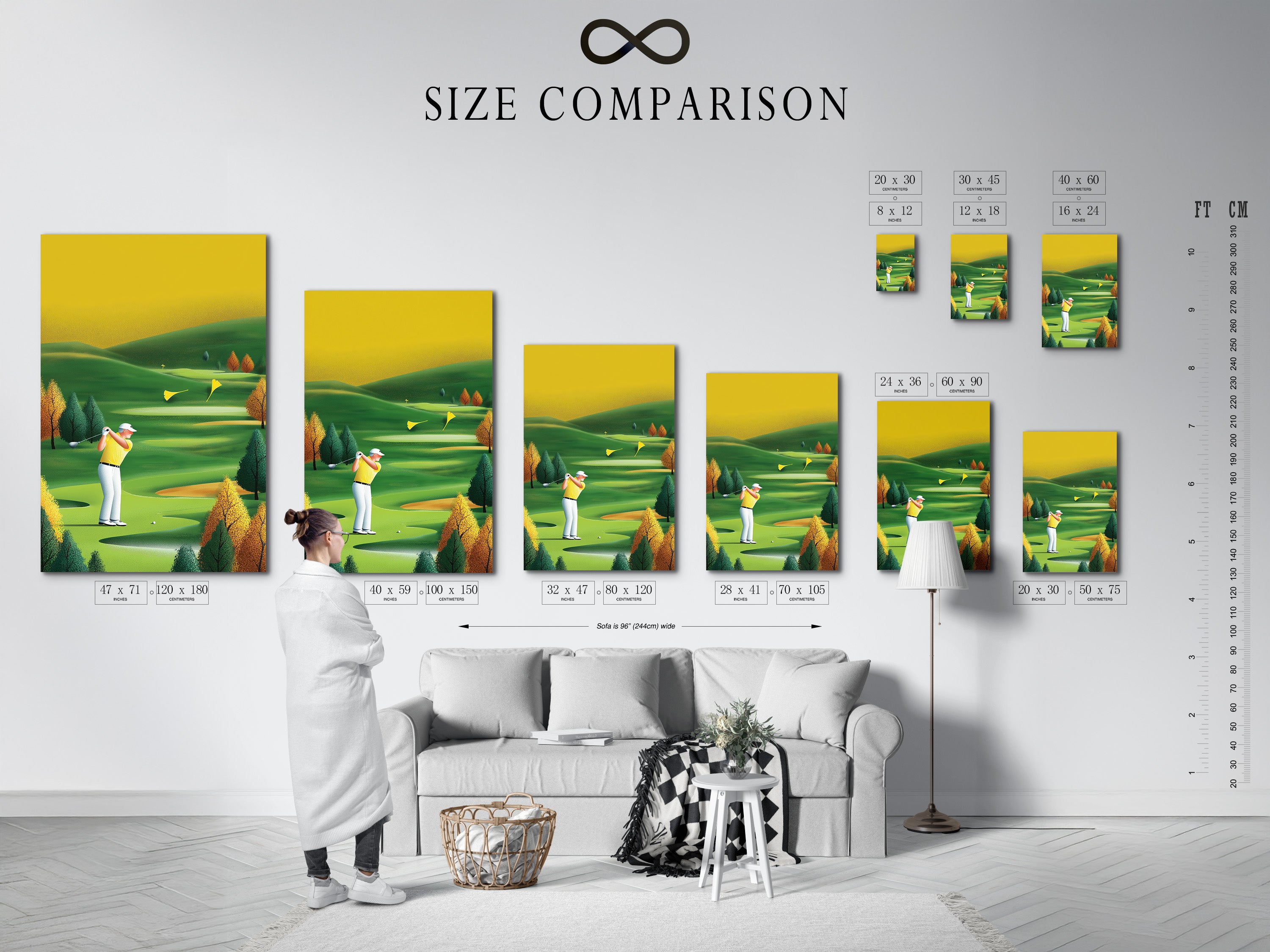 Size comparison chart of the golf artwork in an interior setting. Visualize the perfect fit for your space. Available in various sizes. The golf course print enhances any room. Perfect for sports wall decor. Find the ideal size for your office or man cave.