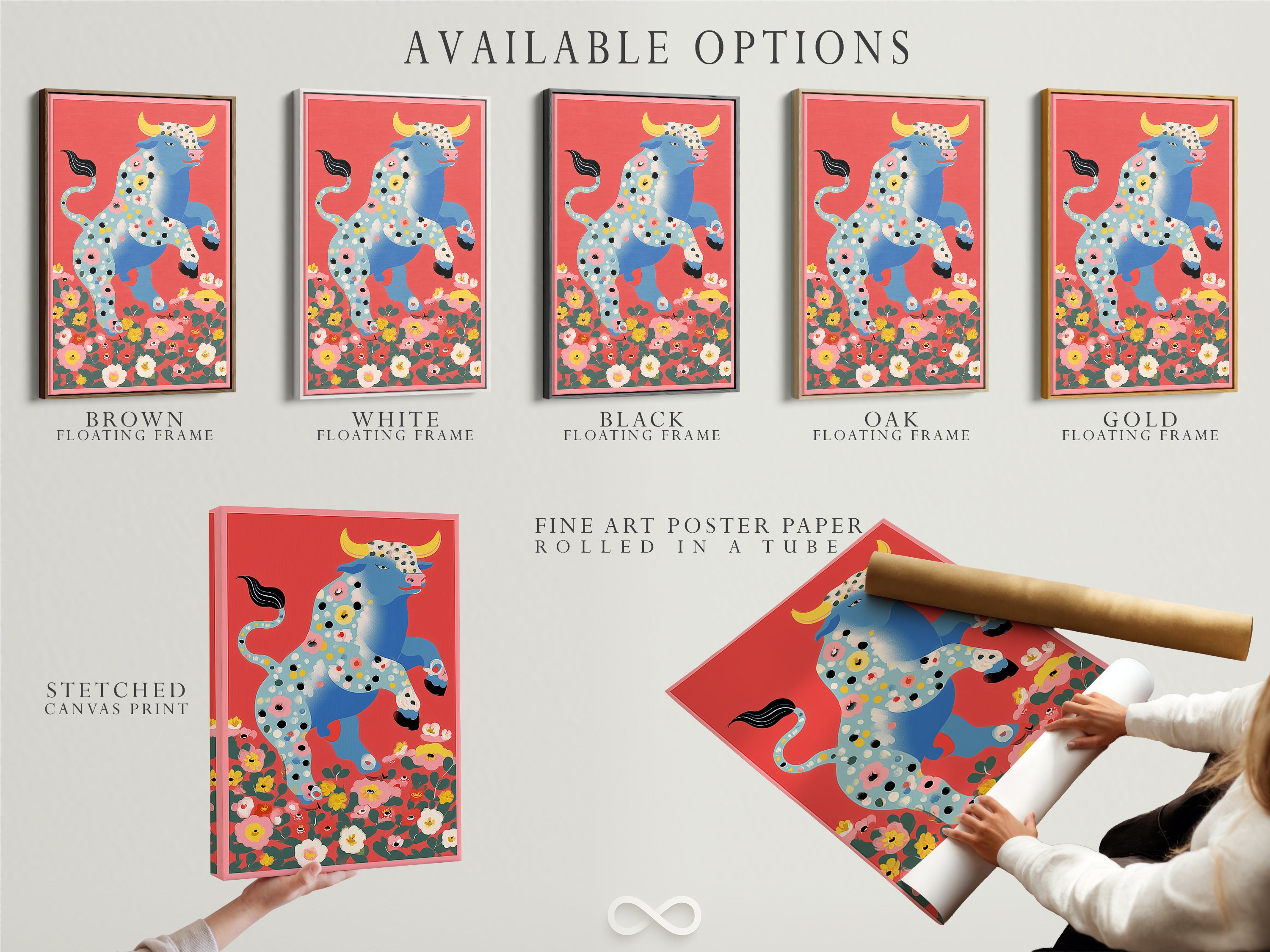 Available options for the Floral Bull artwork. Choose between a stretched canvas print fine art poster paper or a floating frame. Each option enhances the artwork's unique features. This retro animal art is perfect for any space. Customize your wall decor with folk art charm.