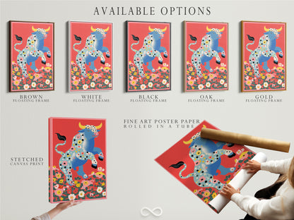 Available options for the Floral Bull artwork. Choose between a stretched canvas print fine art poster paper or a floating frame. Each option enhances the artwork's unique features. This retro animal art is perfect for any space. Customize your wall decor with folk art charm.