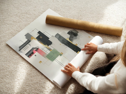 A woman is carefully rolling a fine art poster paper featuring an abstract cityscape artwork. The modern architecture wall art is perfect for office decor. The geometric building artwork showcases minimalist scandi decor. The neutral tones and gold accents add a touch of elegance. Get ready to display this unique art piece in your home or office.