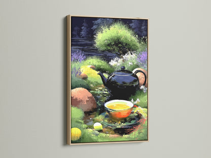 Enhance your home with the Tea Time Canvas Print presented in an oak frame. This garden wall decor brings a touch of cottagecore charm to any room. Its still life artwork is perfect for creating a serene atmosphere in living rooms or sunrooms. Discover how this tea party print complements eclectic styles.
