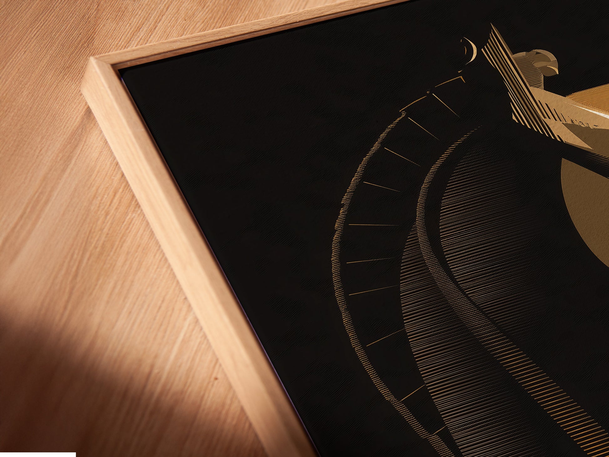 Close-up shot of a canvas print in a floating frame. The floating frame gives the art a modern look. This frame creates a unique visual effect. The canvas appears to float within the frame. It enhances the artwork's depth and dimension.