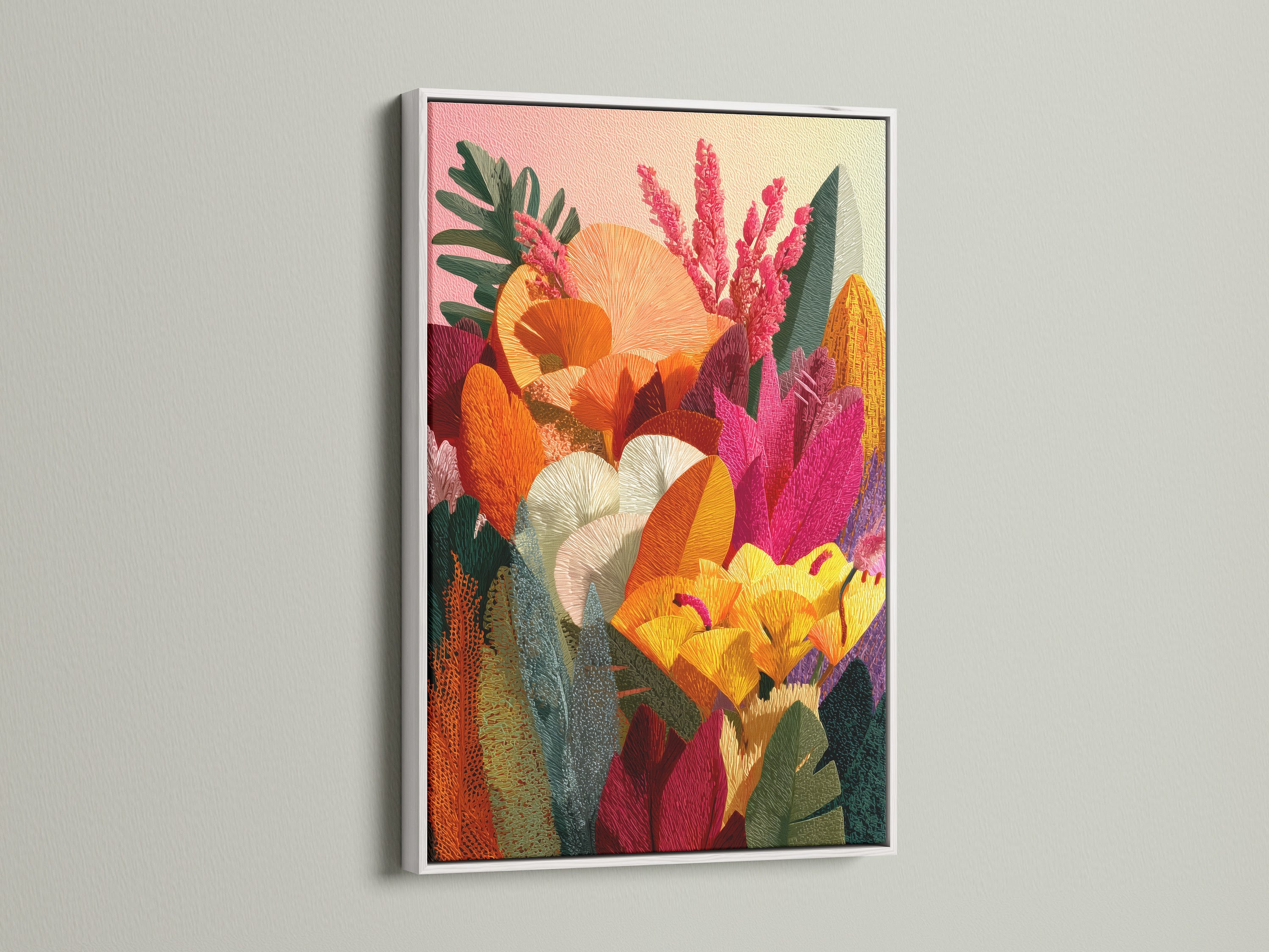 A vibrant floral artwork is displayed in a white frame. The white frame provides a clean contemporary look. It allows the artwork's colors to pop. This framed piece can brighten any room. It is a fresh and modern addition to any art collection.