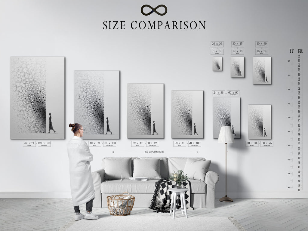 This is a size comparison chart in an interior setting. It helps you visualize different art sizes. See how each size fits your space. Choose the perfect dimensions. Transform your living room or office with art