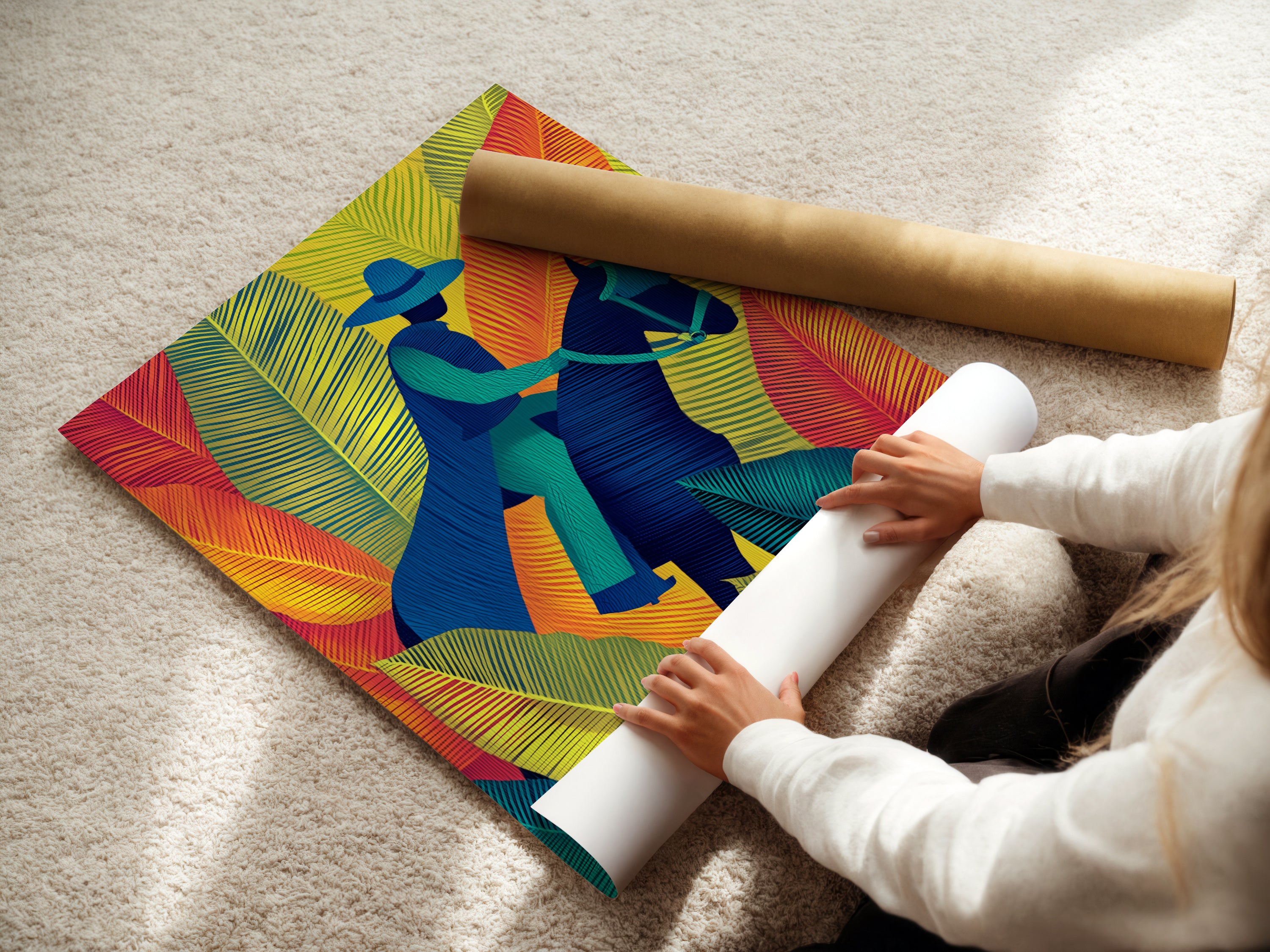 A woman carefully rolling a fine art poster paper. The equestrian art is being prepared for shipping. This ensures the tropical leaves artwork arrives safely. Perfect for any art lover.