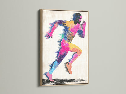The artwork is displayed in an oak frame. The art features a colorful abstract figure of a runner. The runner is in motion. The frame enhances the artwork's visual appeal. The oak frame provides a natural and elegant look.
