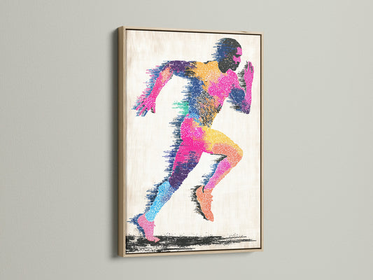 The artwork is displayed in an oak frame. The art features a colorful abstract figure of a runner. The runner is in motion. The frame enhances the artwork's visual appeal. The oak frame provides a natural and elegant look.