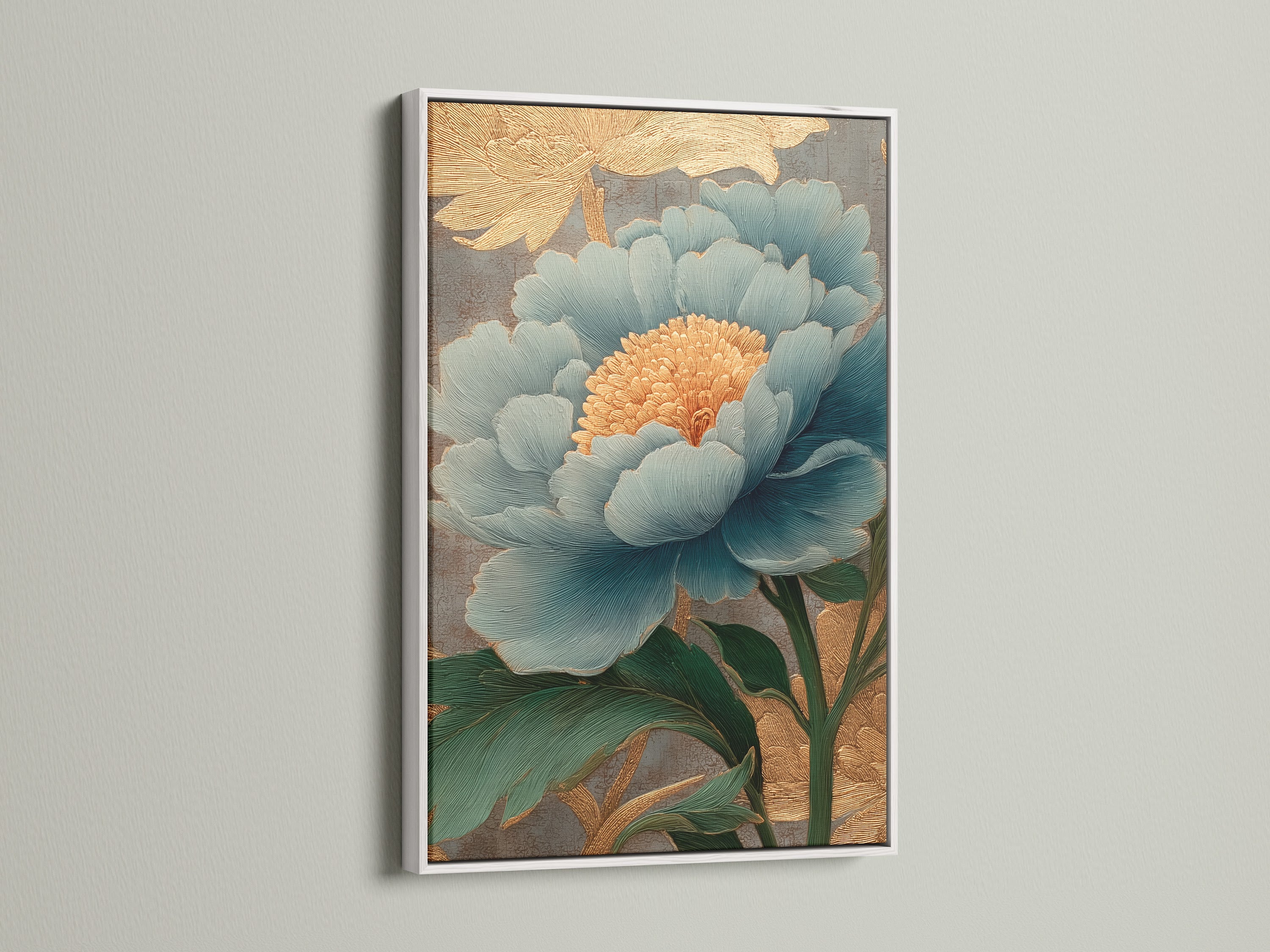 The white frame offers a clean modern look. It makes the colors pop. The artwork is vibrant and eye-catching. Great for minimalist spaces. It adds sophistication to any room. The artwork is displayed on a white wall.
