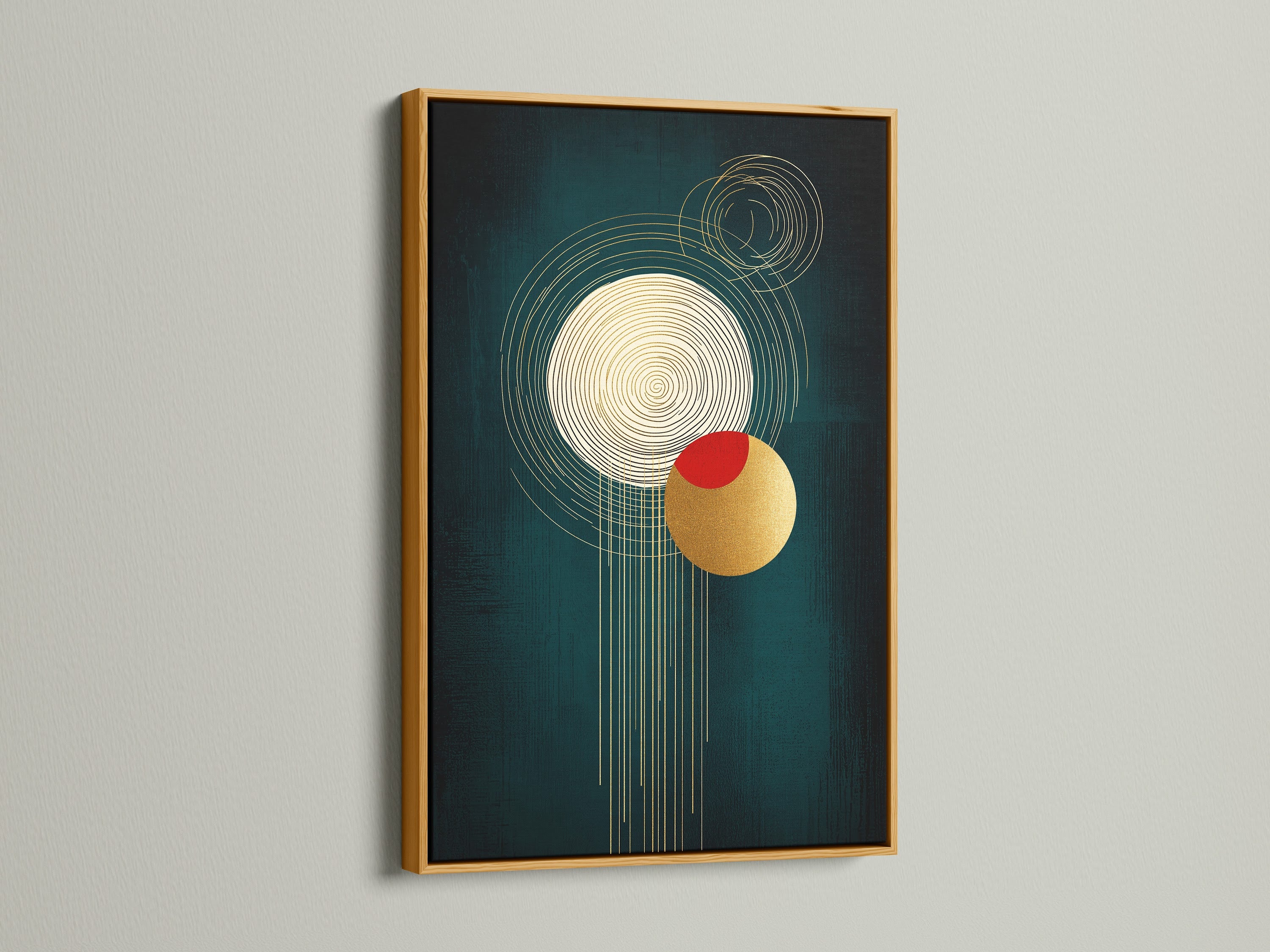 A gold frame enhances this modern abstract artwork. The emerald green and gold geometric print makes a statement. A red circle adds contrast. Perfect for adding a touch of luxury to your walls.