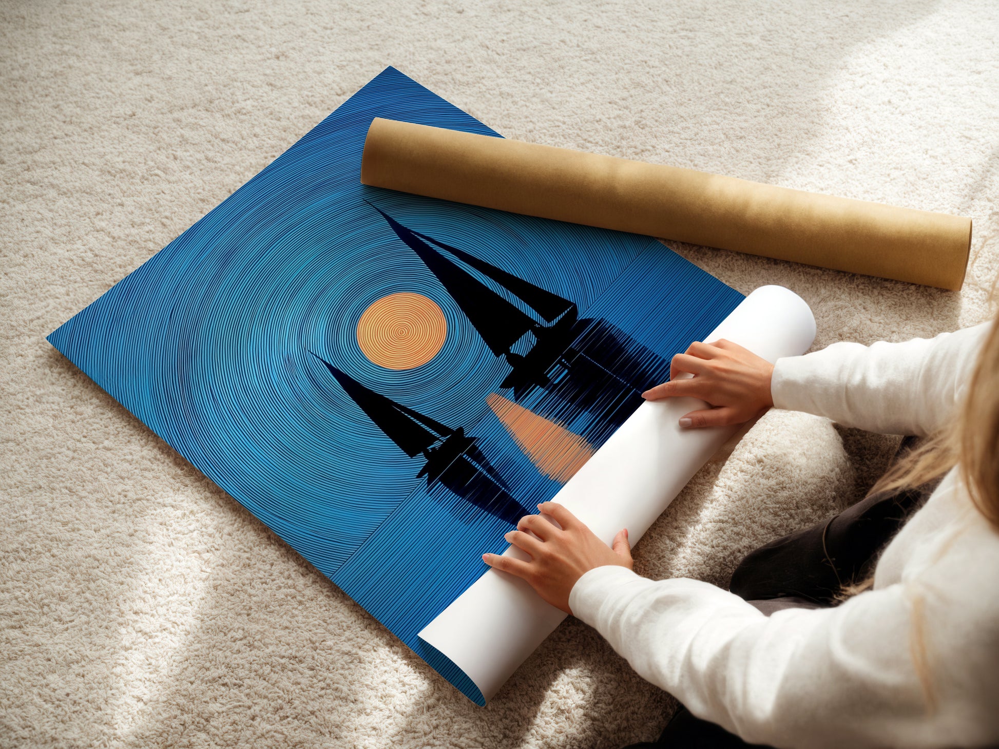 A woman is carefully rolling a fine art poster paper. The paper features a sailboat art. The nautical print shows navy blue sailboats and a sunset. This coastal artwork is great for bedroom decor. Ideal for minimalist Scandinavian or coastal styles. Elevate your space with this art.