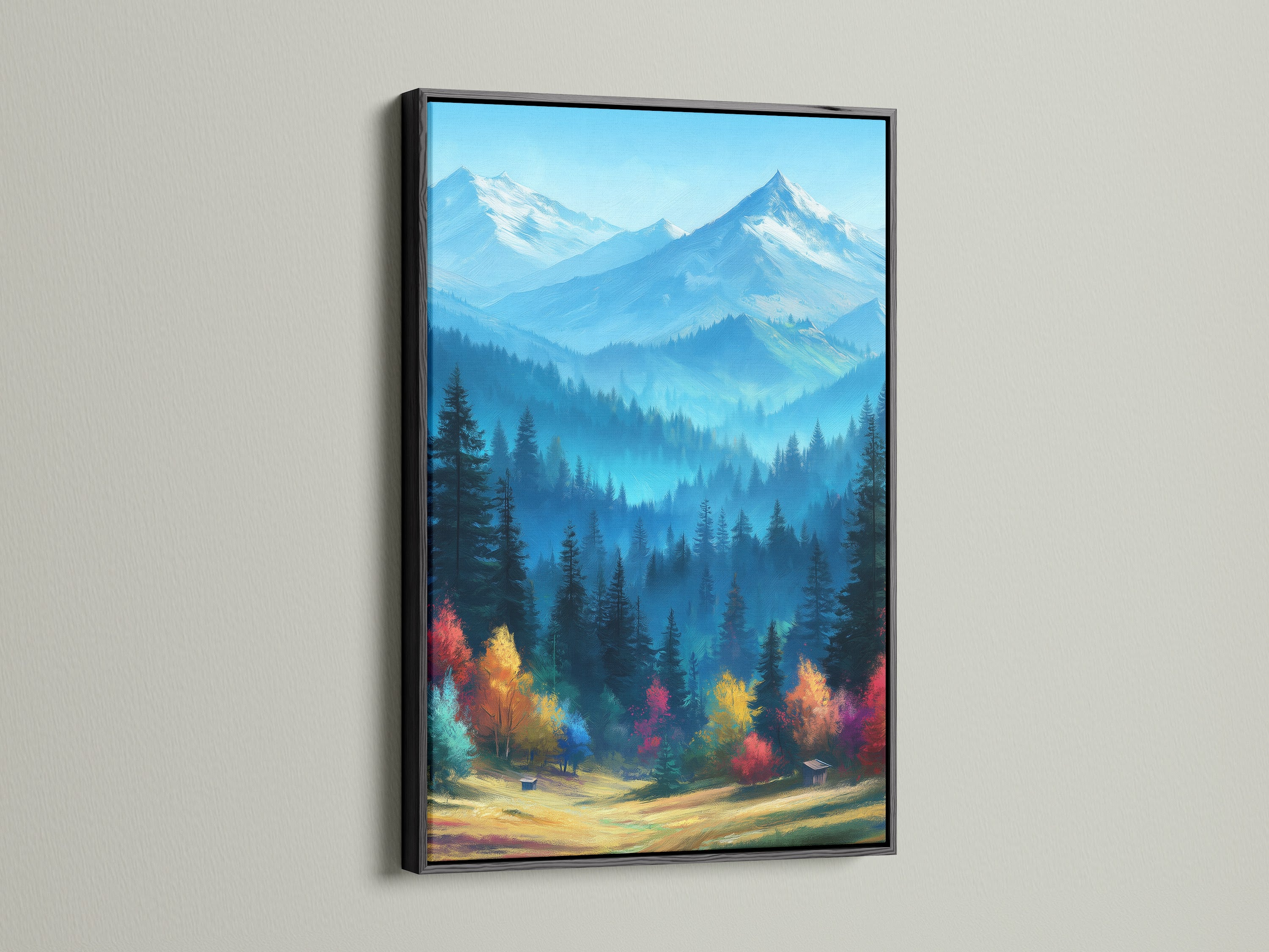 Black Frame Mountain Landscape Artwork. This nature print captures a stunning autumn forest and blue mountain range. The black frame adds a modern touch. Ideal for those seeking rustic wall decor. Transform your space with this vibrant colorful artwork. Perfect for living rooms or cabin decor.