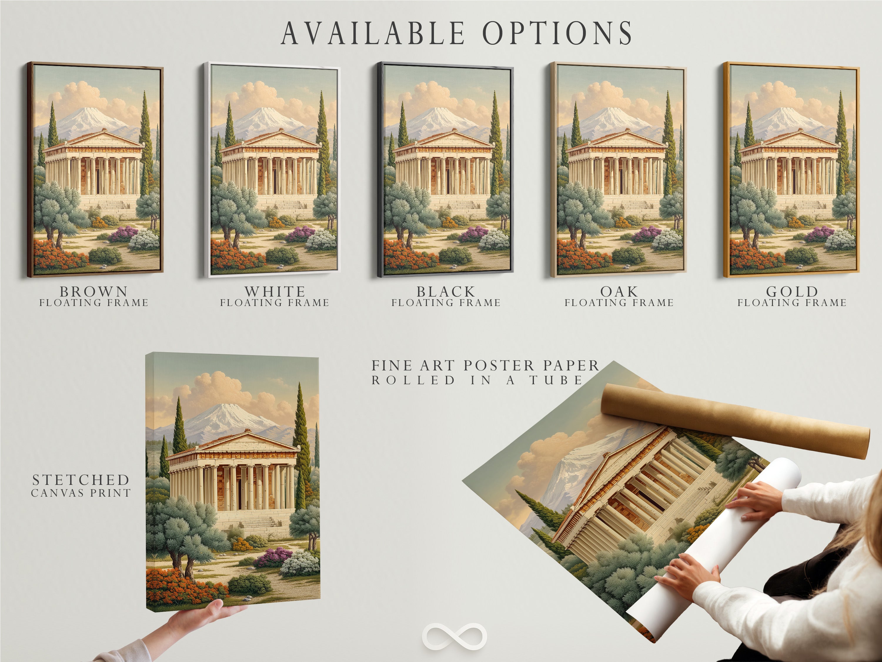 Available options for the Greek Temple artwork. Choose from stretched canvas print fine art poster paper or floating frame. Customize your historical wall art to match your style. Elevate your decor with this versatile artwork. Select your preferred format today.