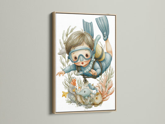 The scuba diving kids art print is showcased in an oak frame. This ocean kids art piece adds a touch of nautical charm to any room. The diving wall art creates a fun and adventurous atmosphere. Ideal for parents seeking unique ocean nursery art.