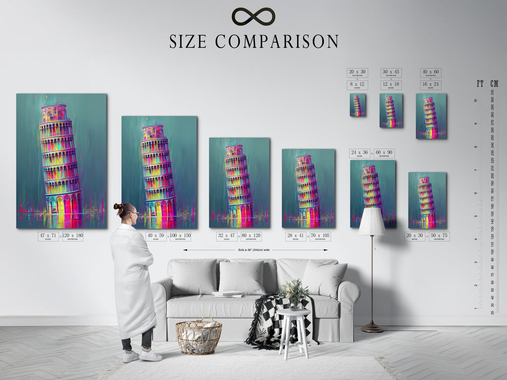 An interior scene shows a size comparison chart. See how different sizes of artwork fit in a room. Visualize the Leaning Tower of Pisa artwork in your space. Find the perfect size for your home or office