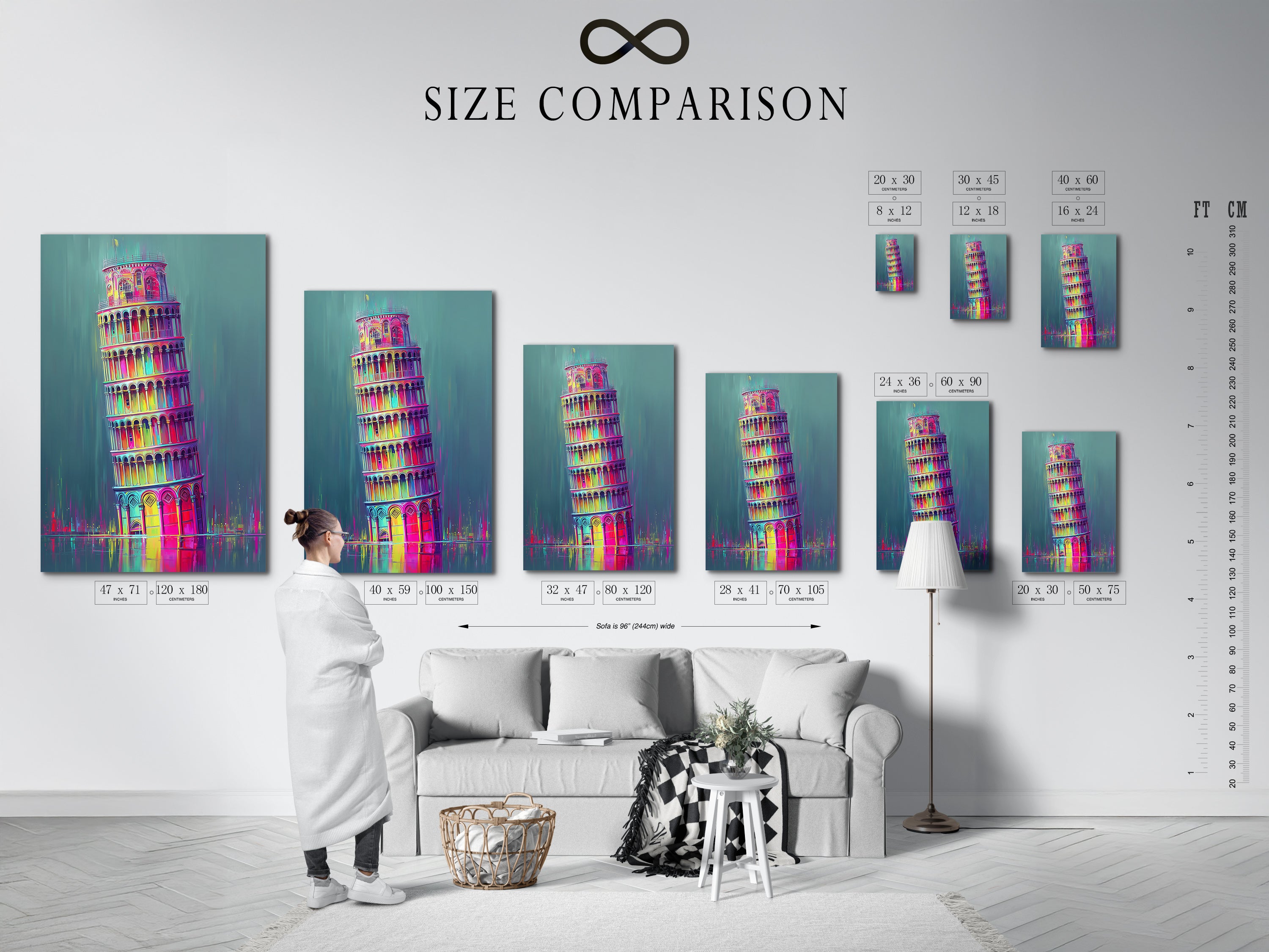 An interior scene shows a size comparison chart. See how different sizes of artwork fit in a room. Visualize the Leaning Tower of Pisa artwork in your space. Find the perfect size for your home or office