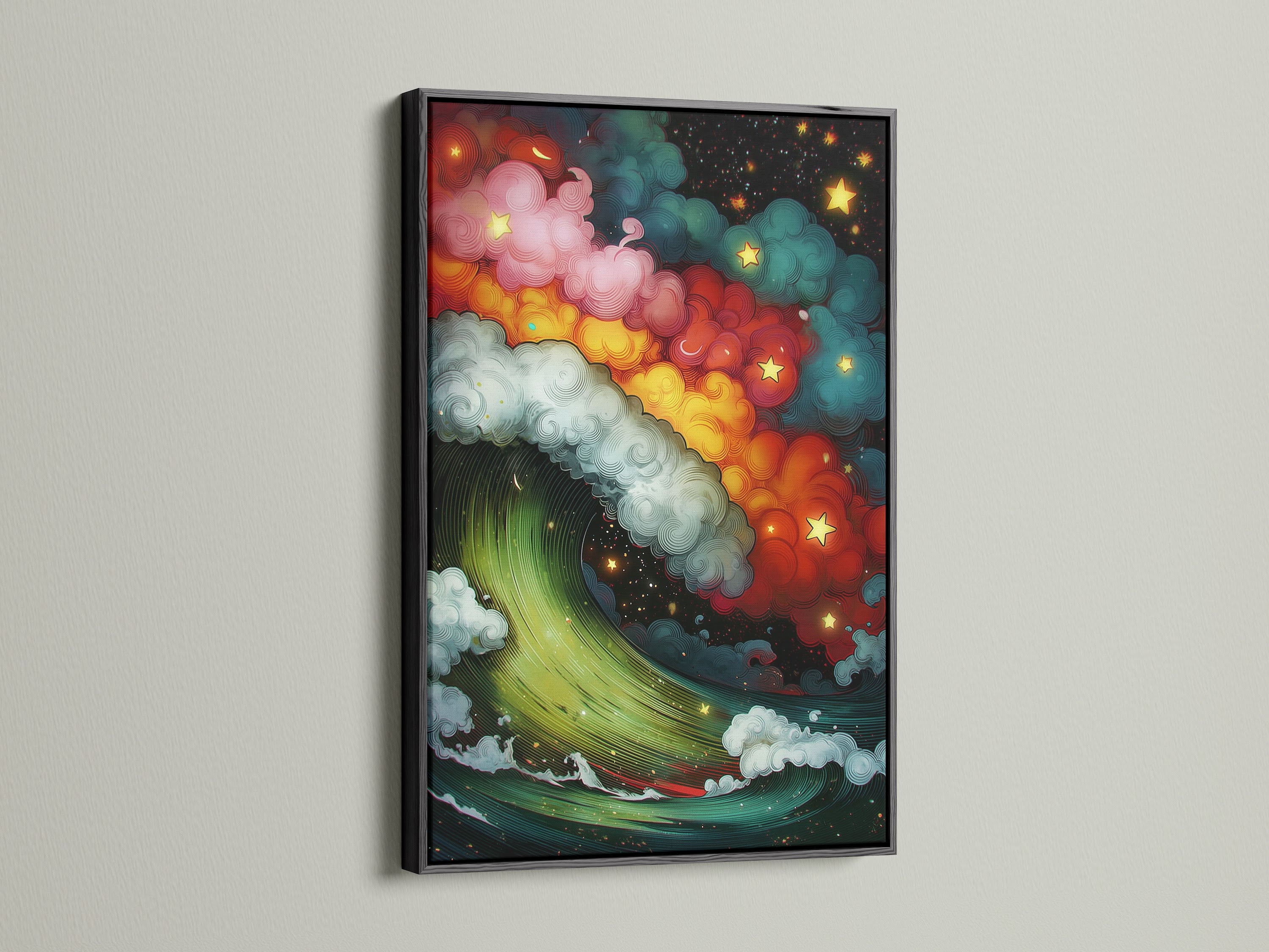 This shows the Cosmic Wave artwork presented in a black frame. A black frame provides a bold and sophisticated touch. The black frame makes the celestial decor pop. Choose black for a dramatic effect with your cosmic ocean art. It suits any contemporary style.
