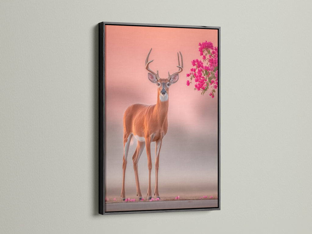 Black frame presents the deer artwork boldly. Wildlife canvas art stands out. Pink floral antlers add contrast. Nature photography print is striking. The black frame enhances modern decor. This animal canvas print is perfect for a gallery wall. Enhance your space today.