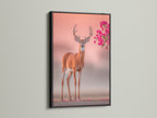 Black frame presents the deer artwork boldly. Wildlife canvas art stands out. Pink floral antlers add contrast. Nature photography print is striking. The black frame enhances modern decor. This animal canvas print is perfect for a gallery wall. Enhance your space today.