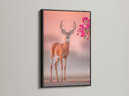 Black frame presents the deer artwork boldly. Wildlife canvas art stands out. Pink floral antlers add contrast. Nature photography print is striking. The black frame enhances modern decor. This animal canvas print is perfect for a gallery wall. Enhance your space today.