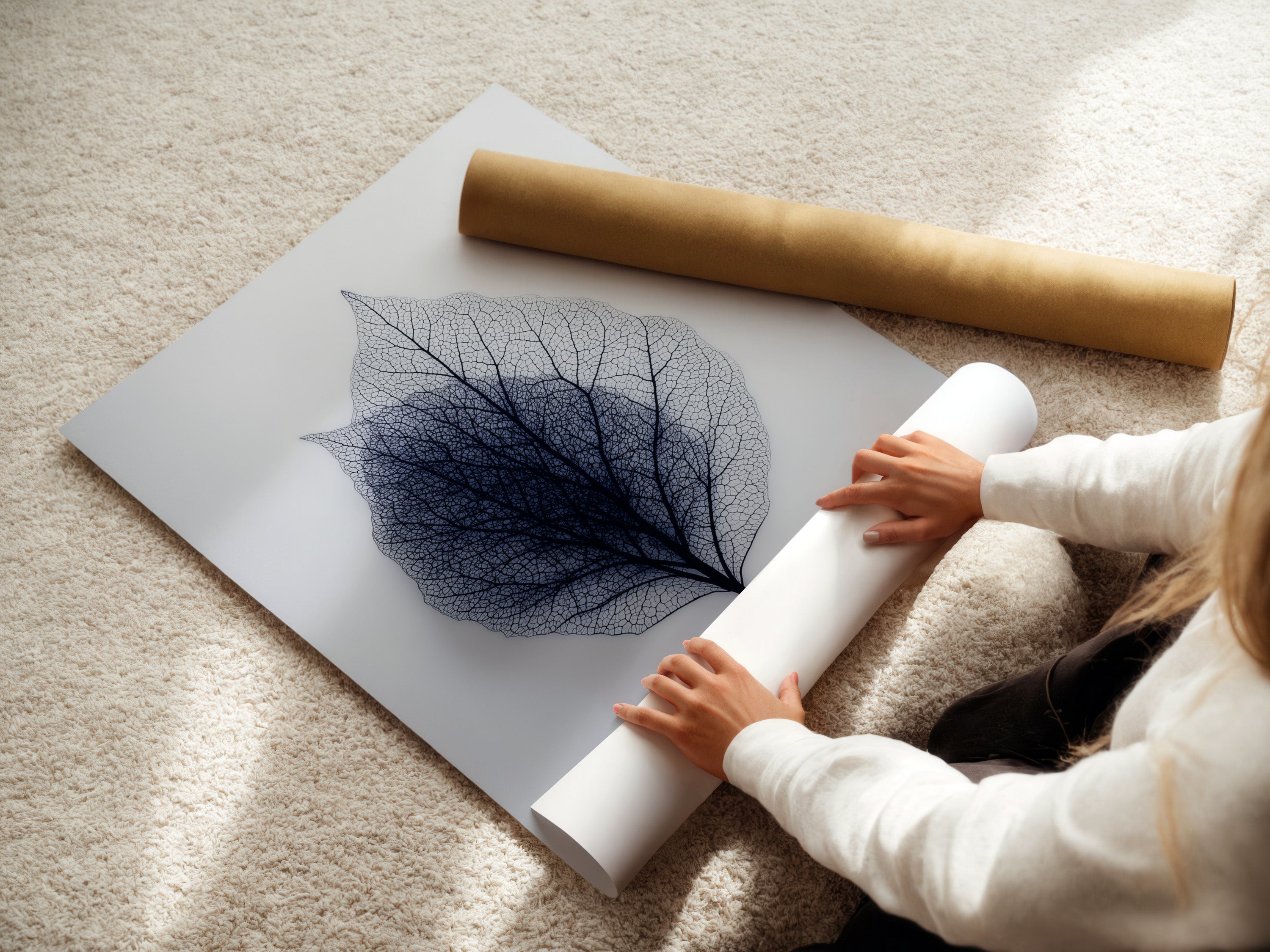 A woman carefully rolls fine art poster paper. The poster paper ensures high-quality prints. Preserving the artwork's details and colors. Ideal for creating stunning wall displays. Get your art printed on fine art poster paper.