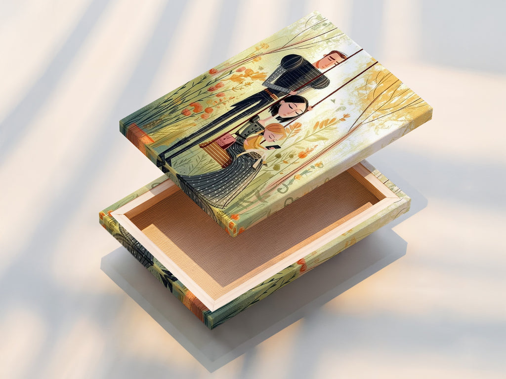 A stretched canvas print displays vibrant family artwork. The canvas is stretched perfectly for a gallery-ready look. This stretched canvas makes a statement in any room. It is a durable and long-lasting art option.