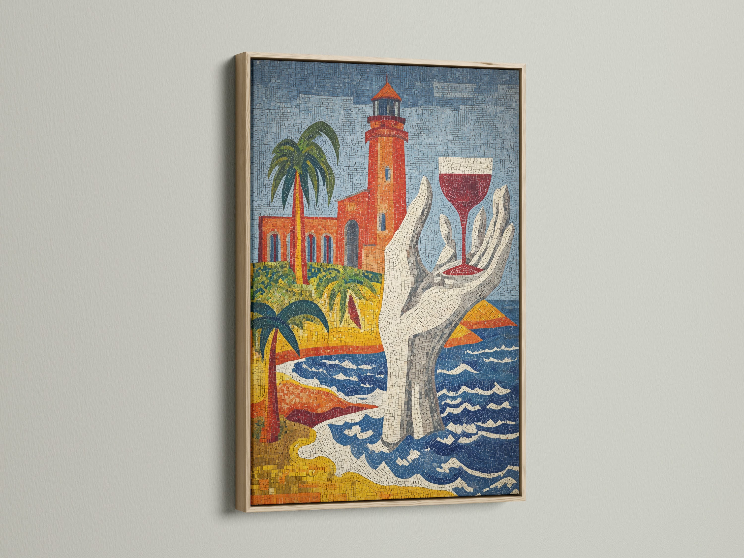 A captivating lighthouse mosaic art print in an oak frame. This coastal wall art adds a Mediterranean touch. The artwork features tile art. It's ideal for beach house decor. The art brings a nautical seaside feel.